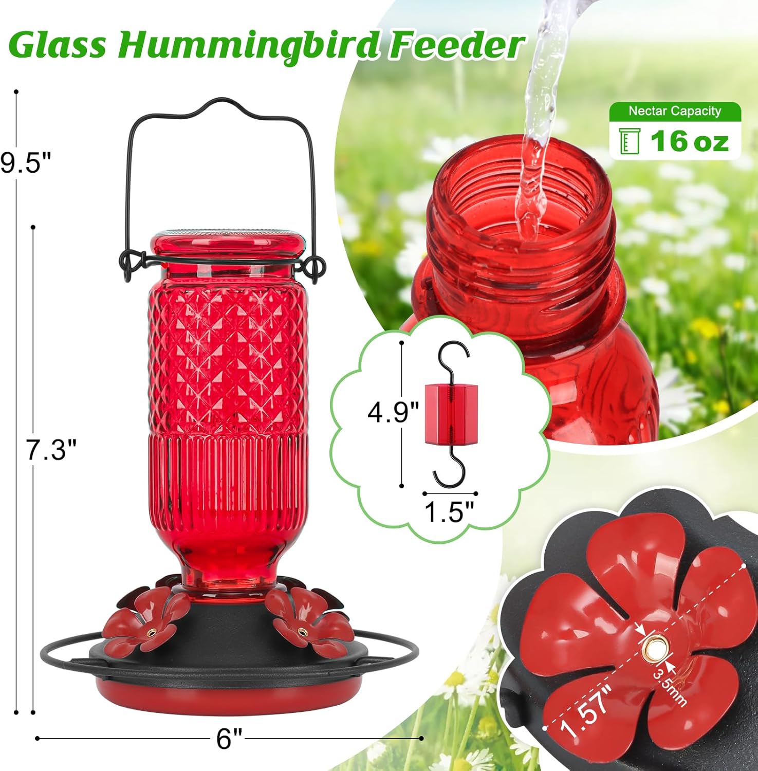 FEED GARDEN Glass Hummingbird Feeder for Outdoors Hanging, 16 oz Leak-Proof Nectar Feeder with Bee Guards & Ant Moat, 4 Metal Flower Feeding Ports, 360° Perch Ring, Easy Refill & Clean, Red - Image 2
