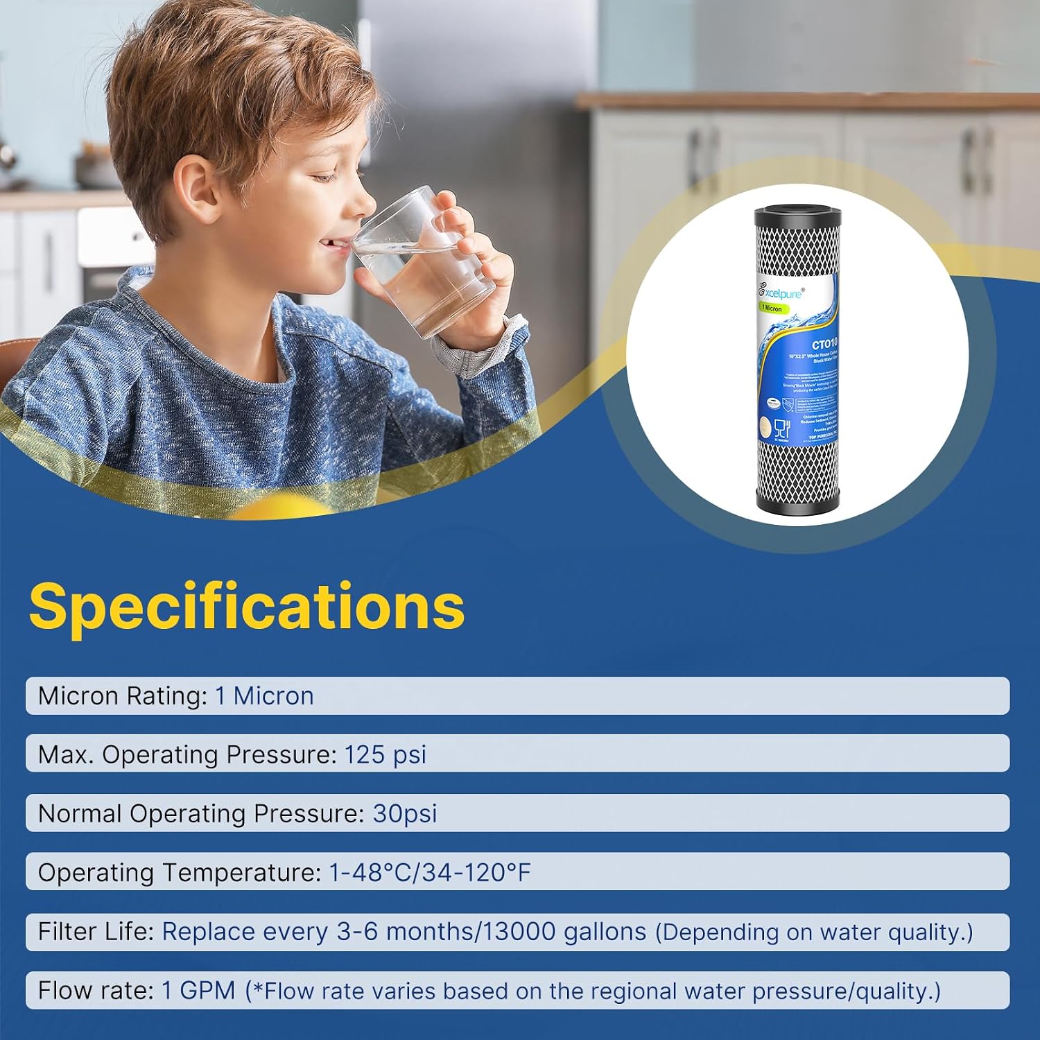 EXCELPURE 1 Micron 10" x 2.5" Whole House CTO Carbon Water Filter Cartridge Replacement for Home Countertop System, Dupont WFPFC8002, WFPFC9001, FXWTC, SCWH-5, WHEF-WHWC, WHCF-WHWC, CTO10, T01, 4PACK - Image 8
