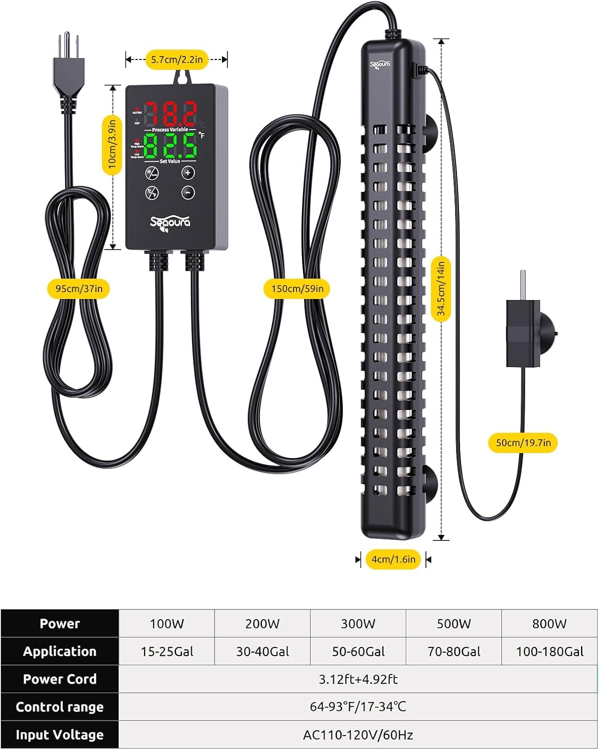 SEAOURA 500W Aquarium Heater, Submersible Fish Tank Heater for 70-80 Gallon, ECO Precise Adjustable 0.1℉/℃ Temp, Overheat Protection Auto Power-Off, External Intelligent Controller, Salt/Freshwater - Image 3