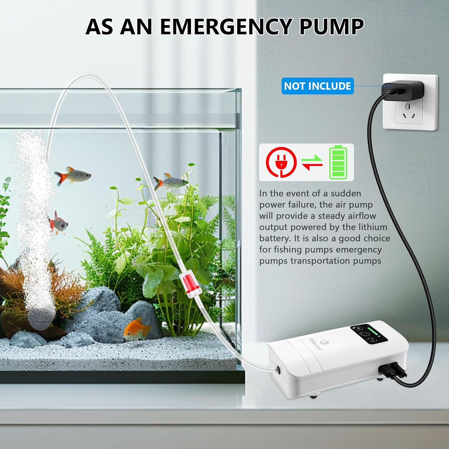 fishkeeper Rechargeable Aquarium Air Pump, Aerator Fish Tank Air Pump Up to 60 Gallons Portable Battery Powered Oxygen Pump with Clip for Most Bait Buckets, Power Outages and Emergency (2W 30GPH) - Image 3