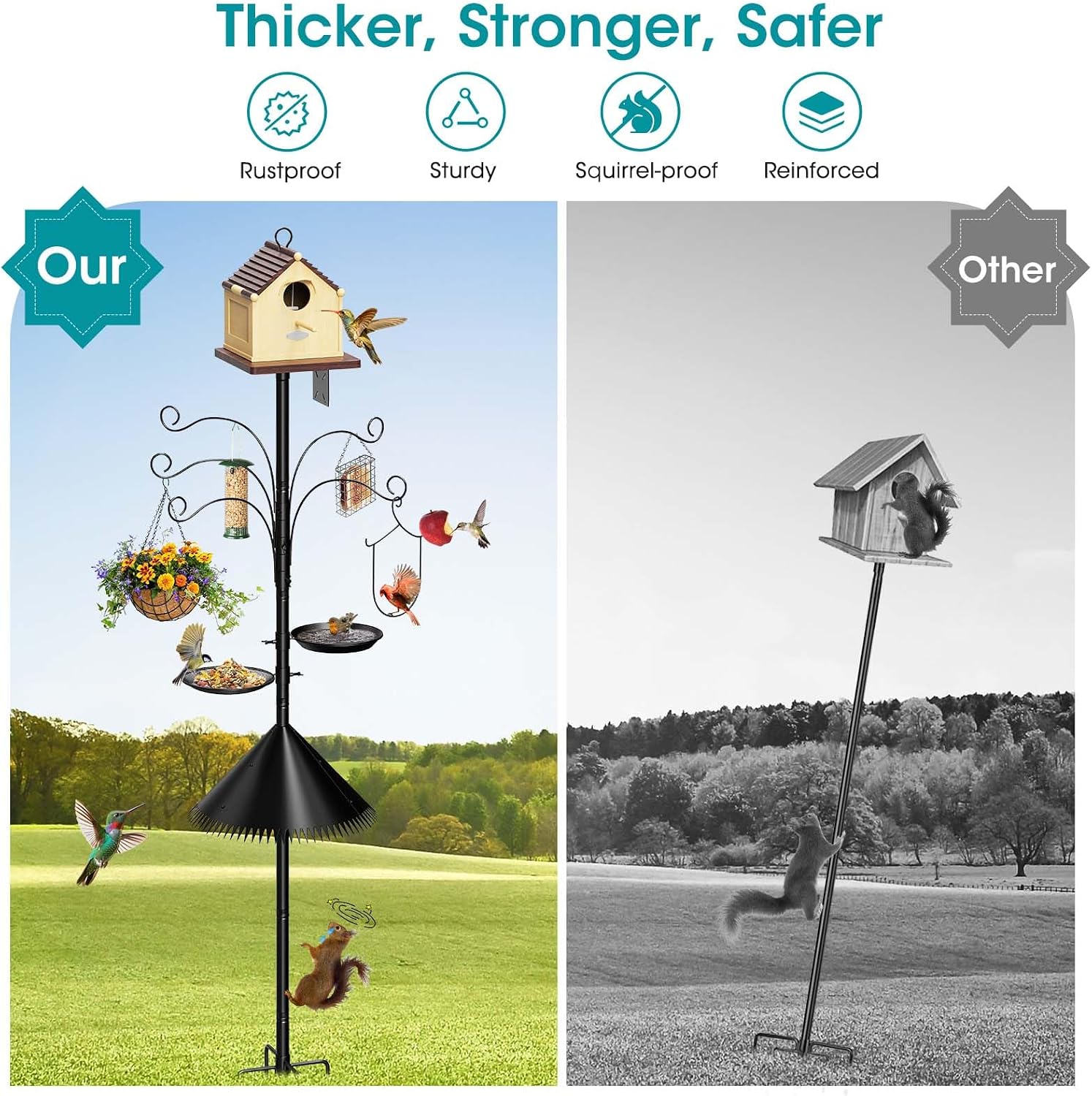 108 Inch Bird Feeder Pole Squirrel Proof, Heavy Duty Bird House Pole, Adjustable Bird Feeder Stand with 5 Shepherds Hooks, 2 Mental Trays, Hummingbird Swing - Image 4