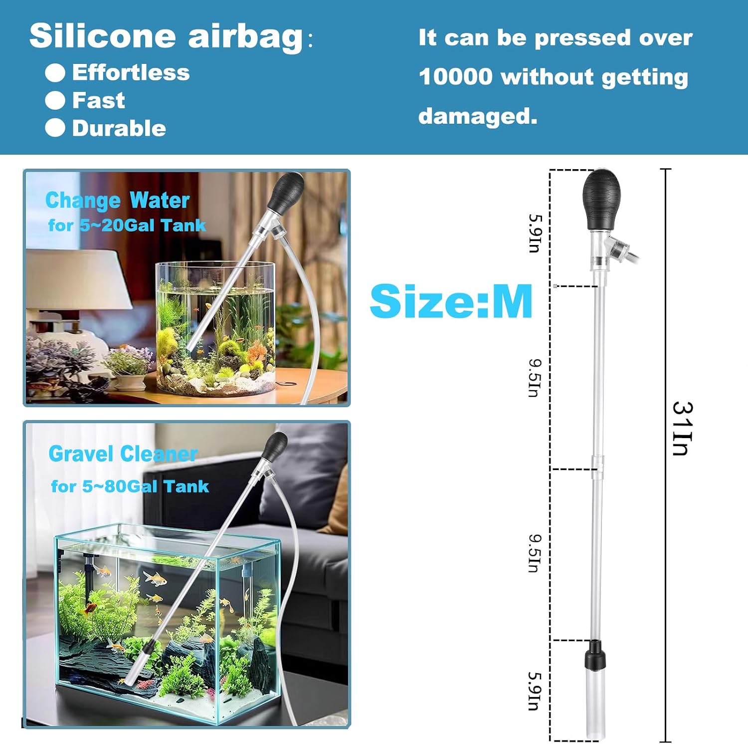 Carefree Fish Aquarium Gravel Cleaner 6Ft Hose Fish Tank Water Changer Sand Vacuum Silicone Airbag Adjustable Length ABS(for 5~20Gal Tank) 2026 New Upgrade Version - Image 2