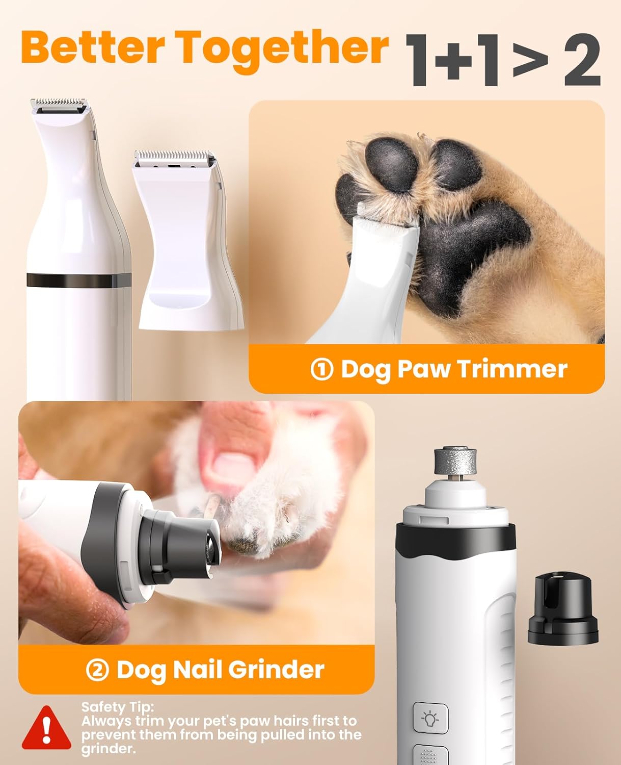 oneisall 3 in 1 Dog Nail Grinder & Paw Trimmer Kit, 2 LED Lights | 2 Replaceable Blades, 6500/7500RPM, 2 Speeds, Low Noise, Cordless & Rechargeable, Safe for Paw, Face, Ears, Body - Image 2