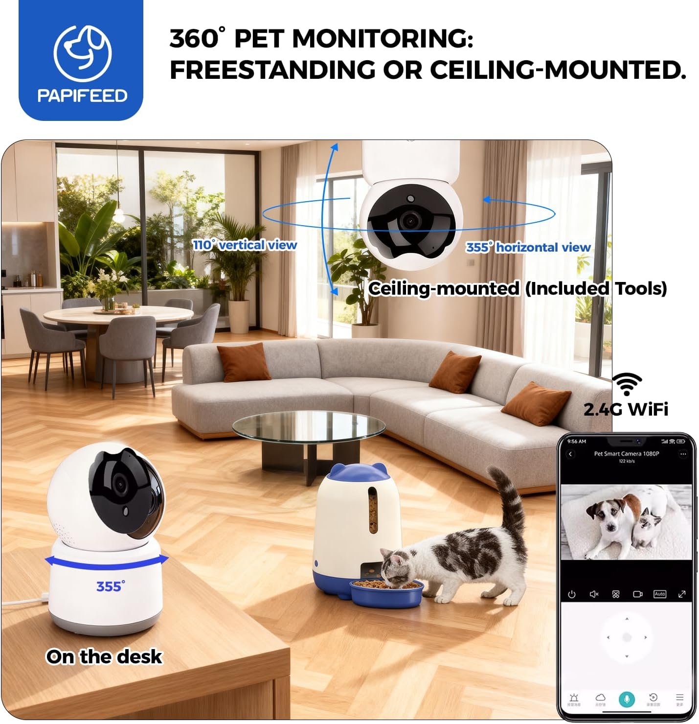PAPIFEED 2-in-1 Automatic Cat Feeder and Pet Camera Combo, 1080P HD & 360°Pan-Tilt, 3L Cat Food Dispenser with App, 2.4G WiFi Timed Cat Feeder for Dry Food, Automatic Cat Feeder with Camera - Image 7