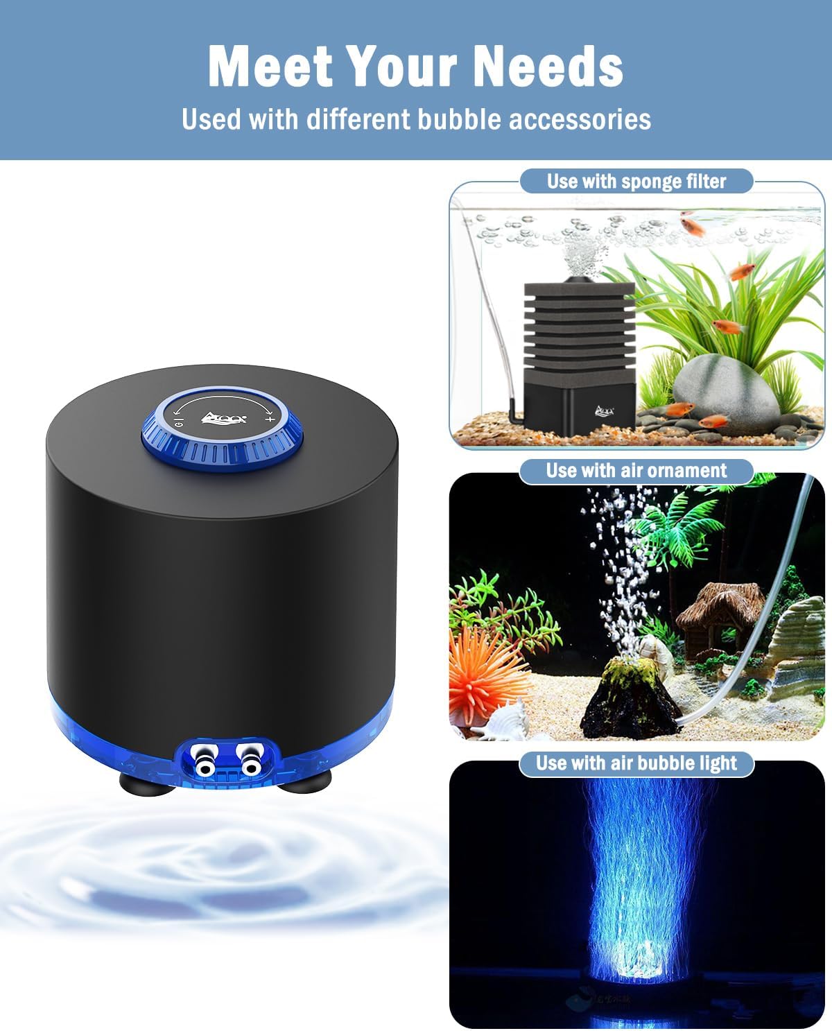 AQQA Aquarium Air Pump, 3W Powerful Dual Outlet Adjustable Oxygen Aerator | Quiet Operation, Stainless Steel Outlet Fish Air Pump, Adjustable Air Flow with Air Stone Bubbler, for Up to 80 Gallon Tank - Image 3