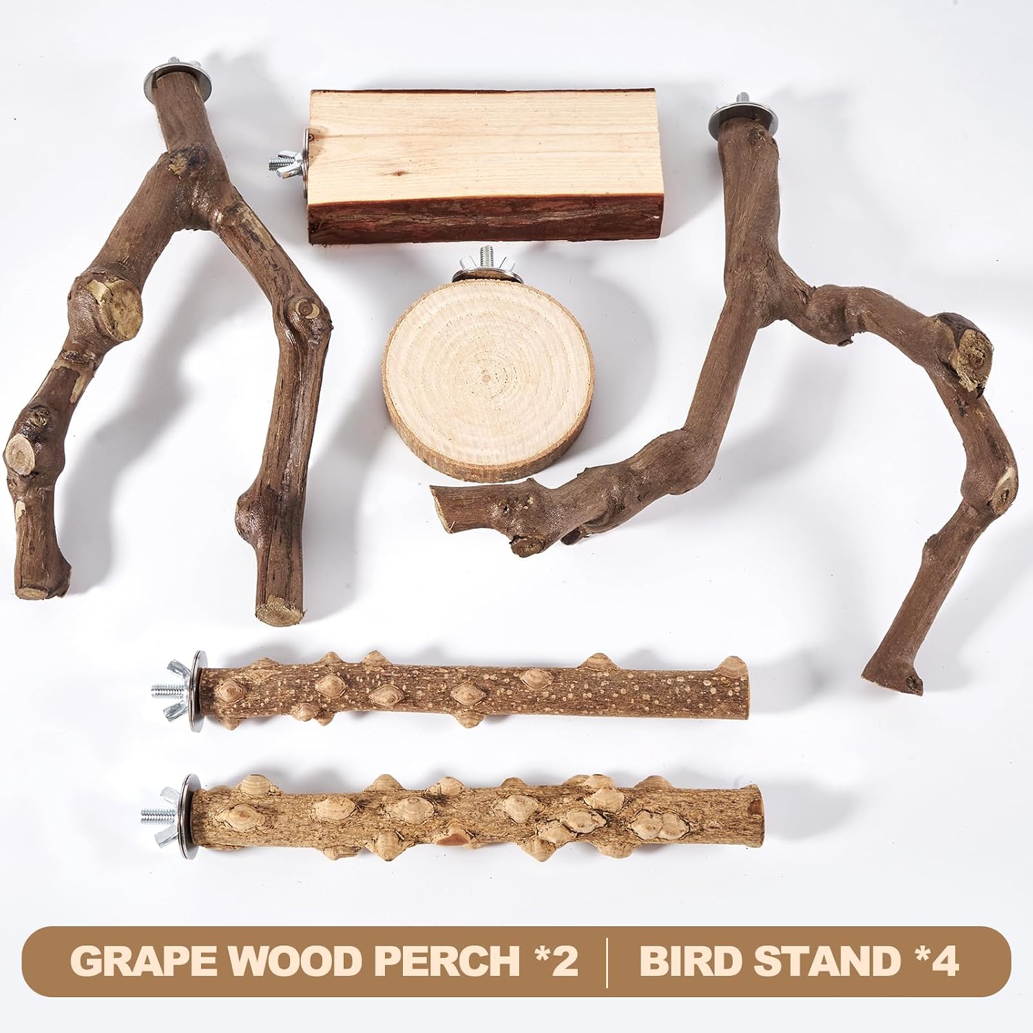 LIMIO 6-Piece Bird Perch Set - Natural Wood Grape Sticks, Paw Grinding Forks, Bird Stand & Toys for Parakeets, Cockatiels, Conure, Budgies - Image 7