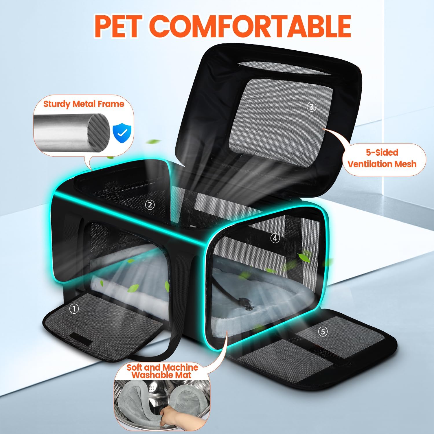 Petskd Top-Expandable Small Pet Carrier with Wheels(18" L x 11" W x 11" H), Delta/American/United Airlines Approved, Rolling Pet Carrier for Small Dogs & Cats (Black) - Image 7