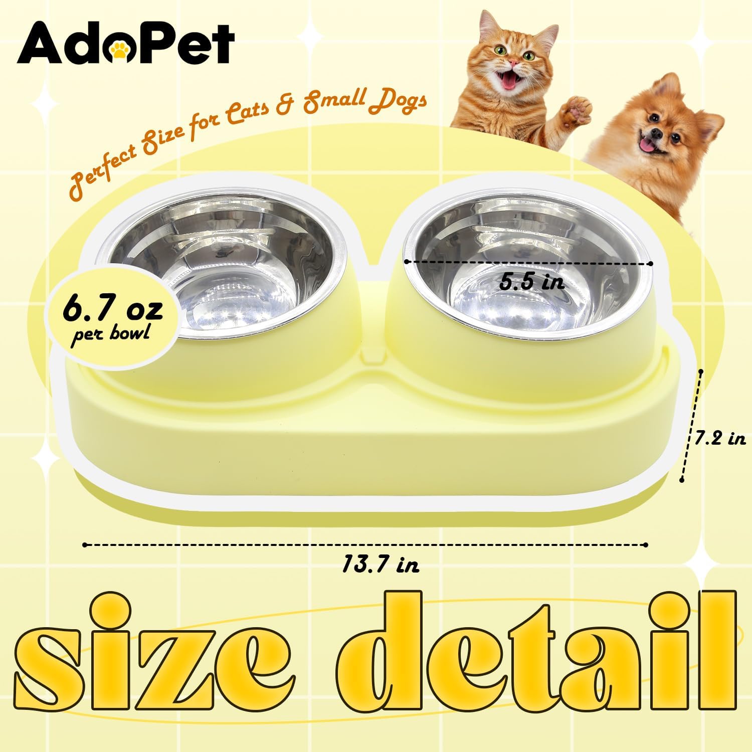 Non-Slip Tilted Double Dog & Cat Bowl with Removable Inserts, Anti-Tip Dual Food and Water Feeder for Small Dogs and Cats, Easy to Clean (Pastel Yellow) - Image 2