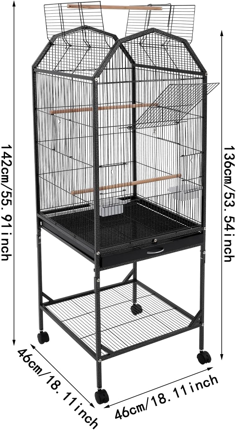 Birdcage Open Top 54 Inch Birdcages with Pull-Out Tray, Rolling Bird Cages with Wheels for Parakeets, Parrot, Cockatiel, Pigeon, Finch Cage(Black) - Image 7