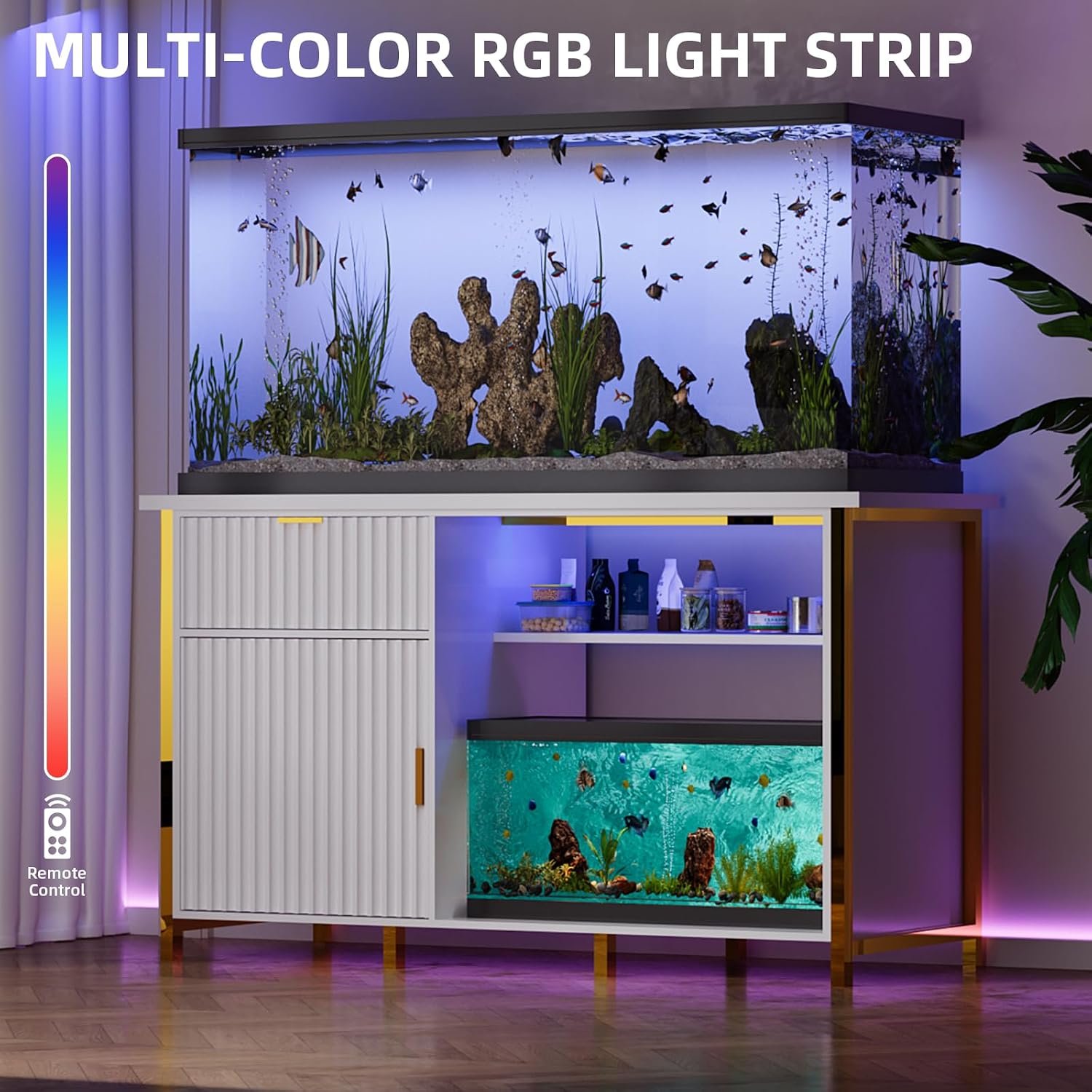 55-75 Gallon Fish Tank Stand, Aquarium Stand with LED Light, White & Gold | 49 x 20 In Top, Modern Fluted Design, 2 Outlets, 2 USB Ports, Shelf Storage, Metal Frame Support, 1100 LBS, Turtle Tank Stand - Image 7