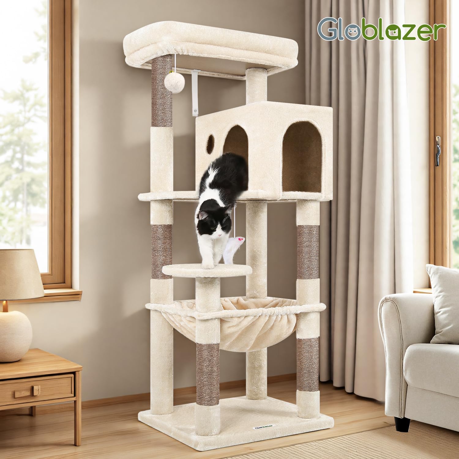 Globlazer Cat Tree Tower with Scratching Post for Indoor Cats, 53inch Tall Plush Multi-Level Cat Climbing Tower Condo House with Large Hammock, Spacious Cat Cave, Big Padded Top Perch Bed, F53, Beige - Image 7