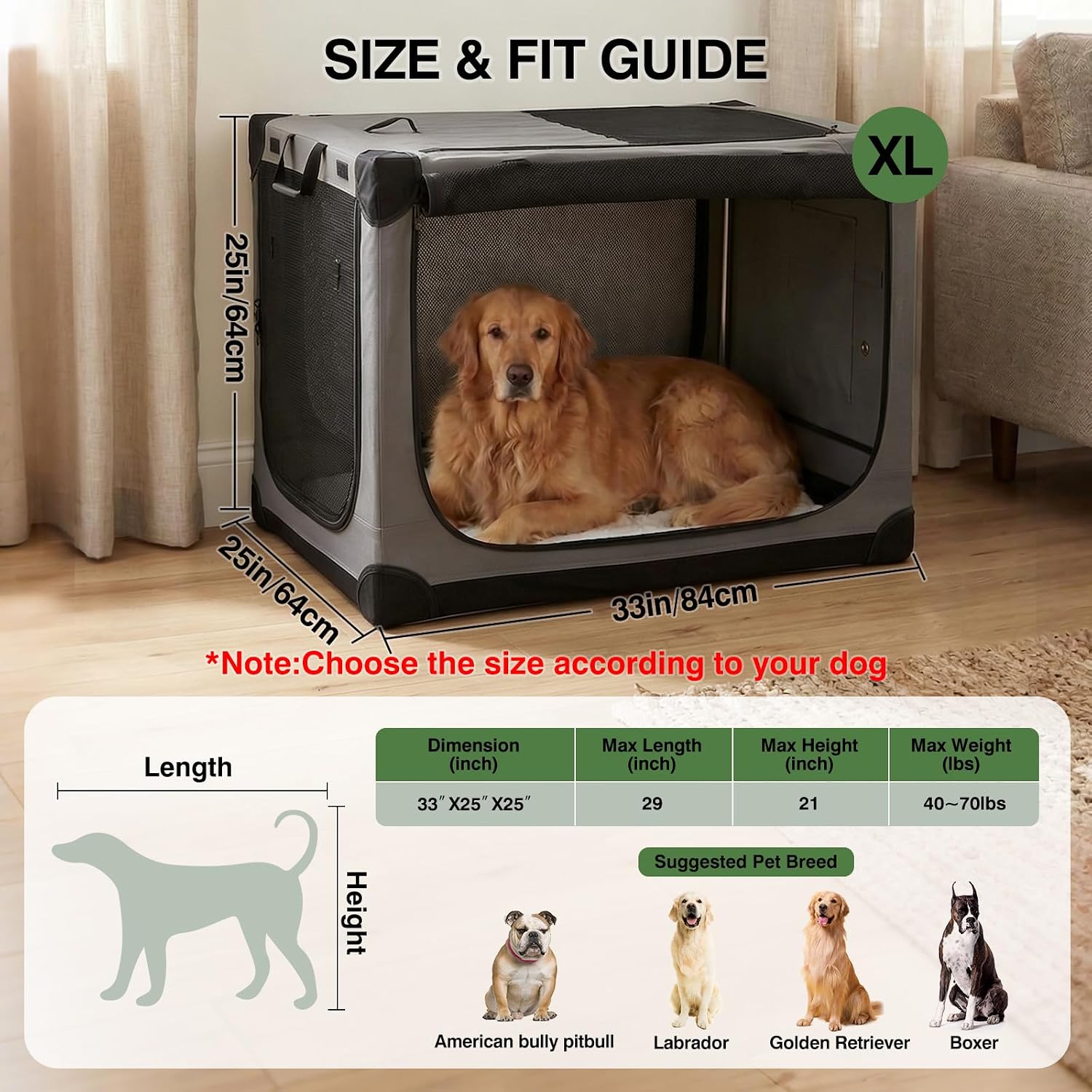 33 x 25 x 25 Inch Collapsible Soft Dog Crate for Dogs Up to 70 lbs, Portable Travel Pet Kennel with 4 Zip Doors, Foldable Indoor Outdoor Crate with Mat, Carry Bag, Grey - Image 2