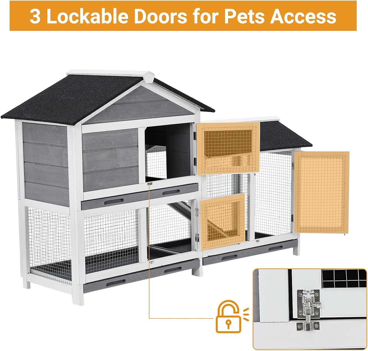 Garvee 58'' Bunny Hutch Indoor Bunny Cage, with 3 Removable Trays | Wooden Waterproof Roof Rabbit Hutch Indoor/Outdoor, 2-Tier Bunny House/Chicken Coop, Gray and Black - Image 3