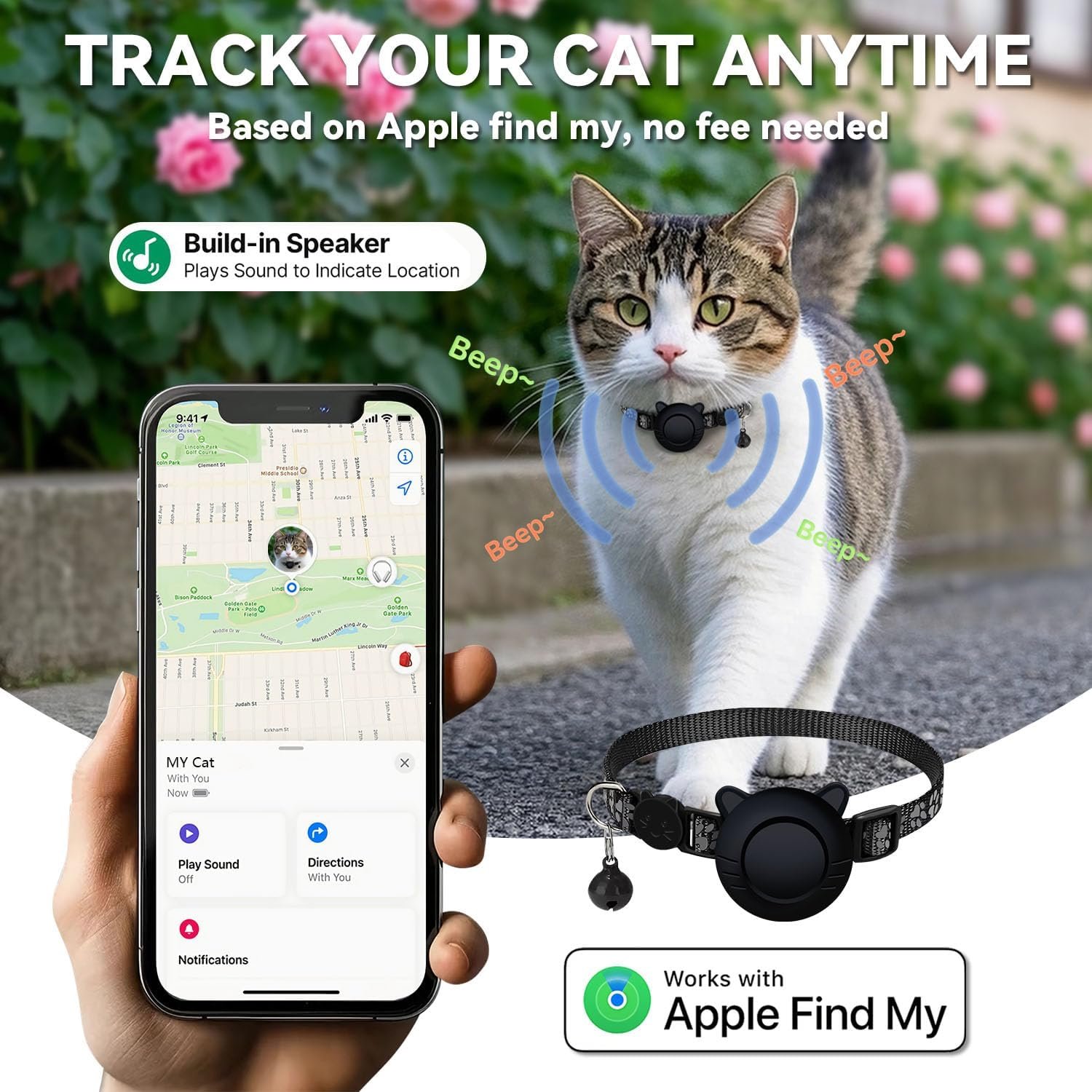 GPS Tracker for Cat Tracker Collar Waterproof Airtag Compatible with Apple Find My (iOS ONLY) No Monthly Fee Breakaway Design Reflective Pattern Bell Black Durable Cat Tracking (Tracker with Collar) - Image 2