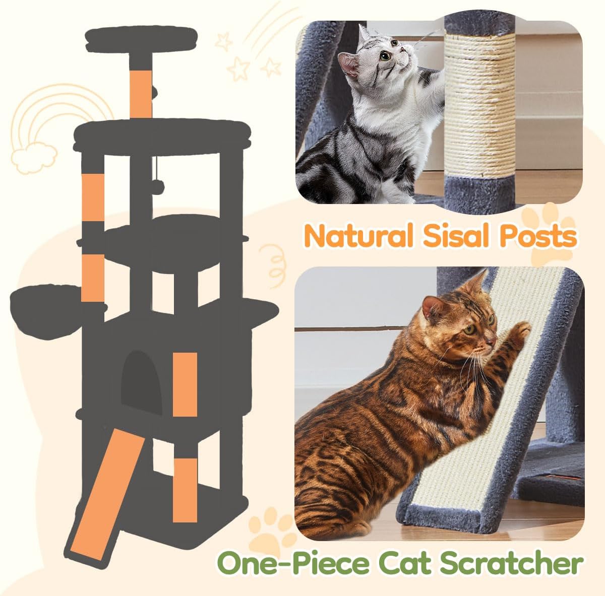 Taoqimiao 72 Inches Cat Tree for Large Cats, Multi-Level Tall Cat Tower, Widened Cat Condo with Large Scratch Board, 5 Scratching Posts, Metal Hammcock, Cozy Basket, Smoky Gray, MS045G - Image 6
