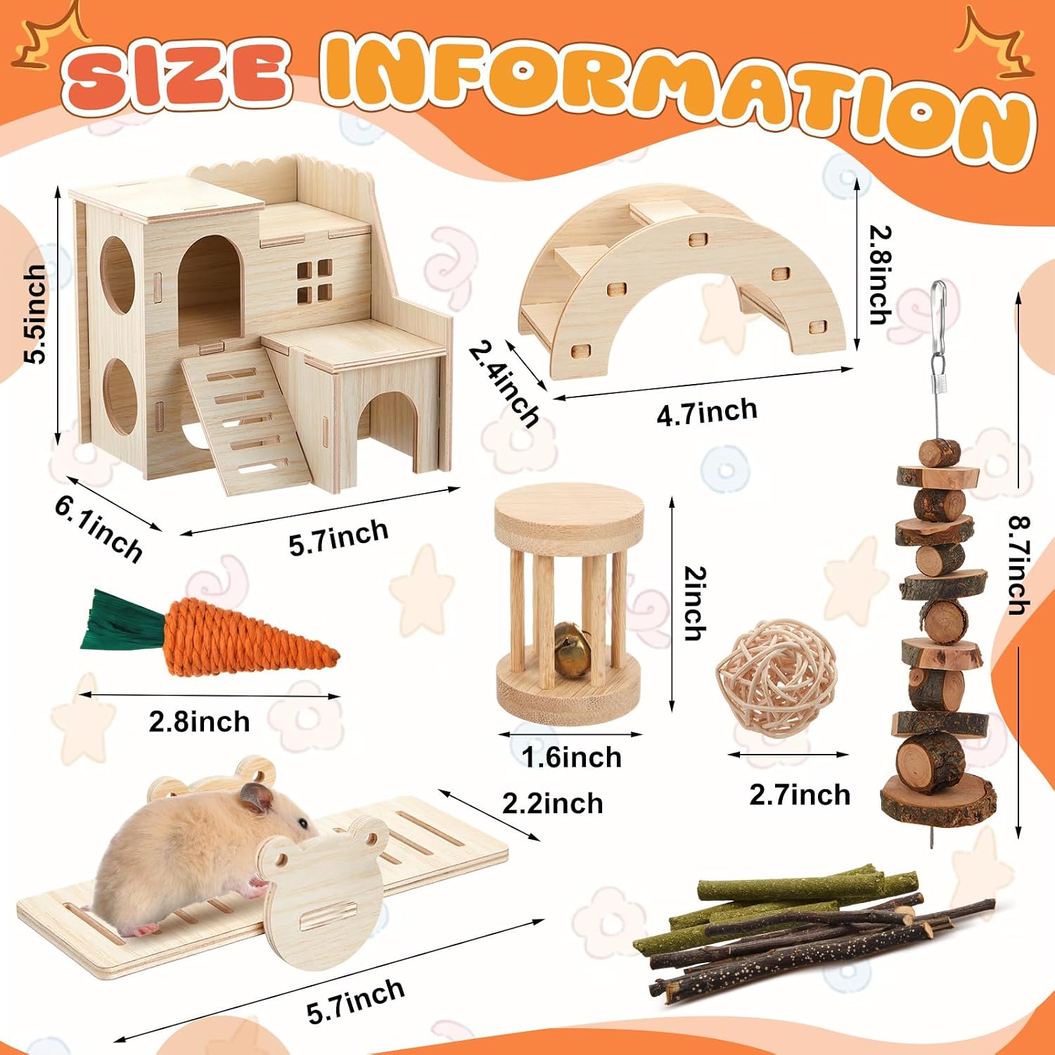 8 Pcs Hamster Cage Accessories Hamster Starter Kit with Maze Wood House, Bridge, Seesaw, Chew Toys Set for Gerbils and Mice Small Animals Habitat Supplies(Classic Villa) - Image 2