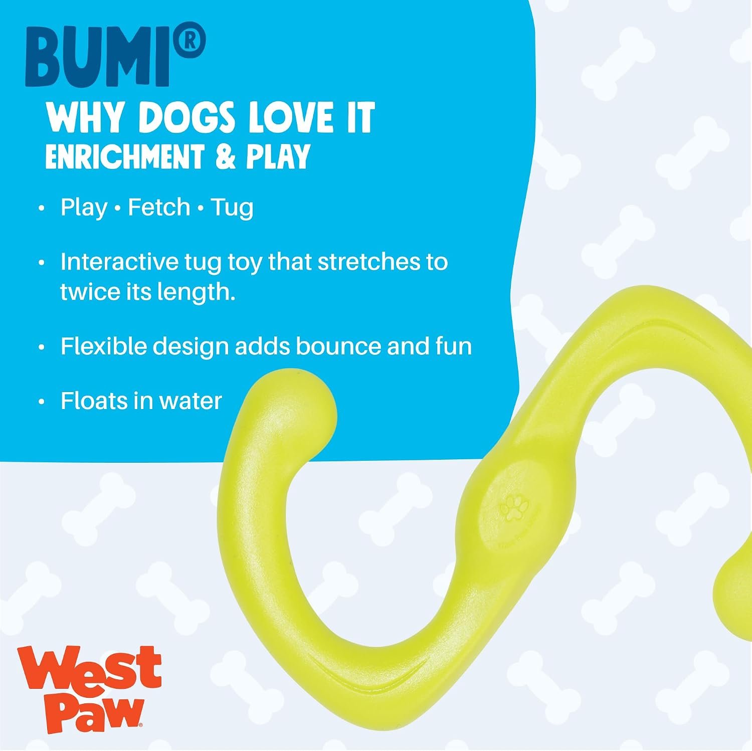 West Paw Zogoflex Bumi Dog Tug Toy – S-Shaped, Lightweight Chew Toys for Fetch, Play, Pet Exercise – Tug of War Soft Flinging Squishy Chewy Toy for Dogs – Guaranteed, Latex-Free, Large 9.5", Aqua Blue - Image 2