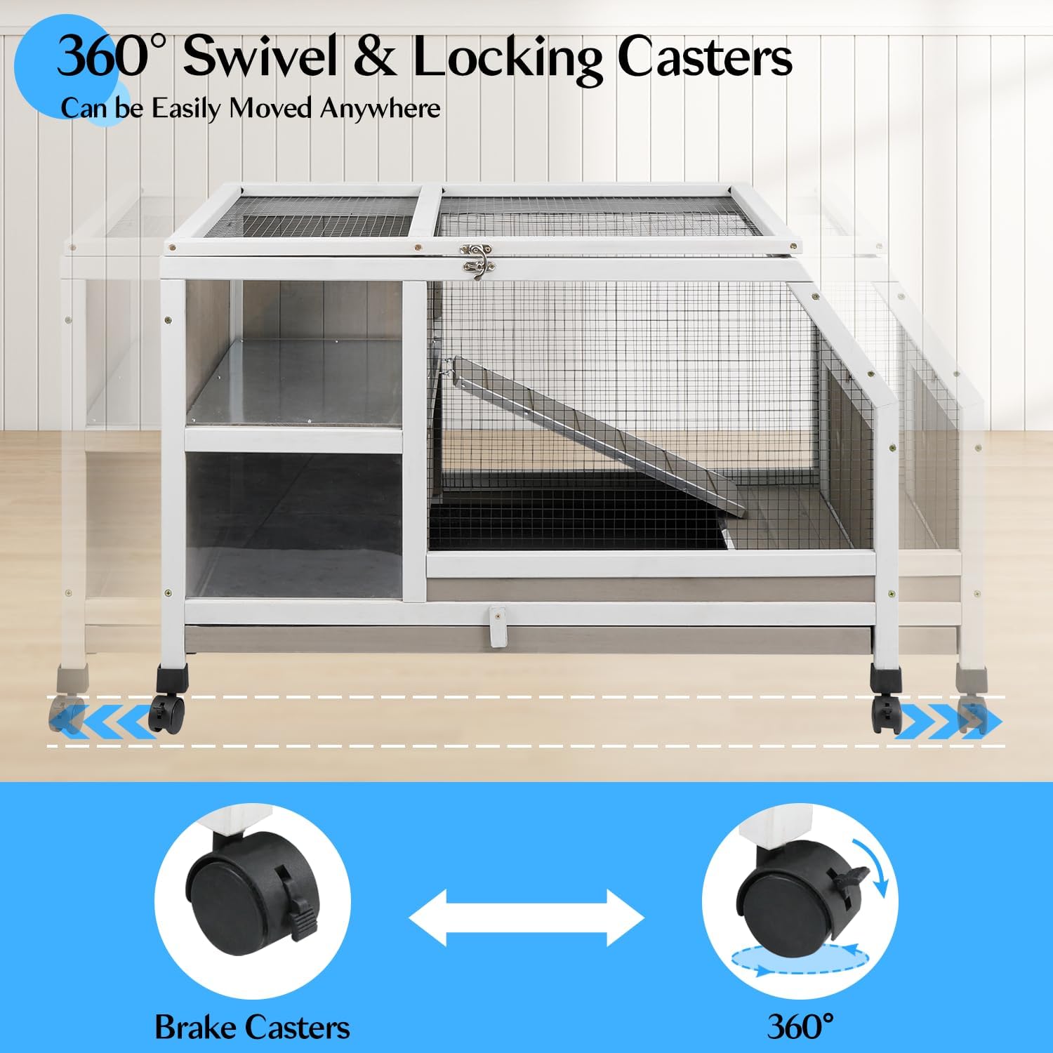 36''L Rabbit Hutch Outdoor with Casters and Run, Wooden Indoor 2 Story Guinea Pig Cage with Divider Panel, Pull Out Tray, Rabbit Duck Bunny House for Small to Medium Animals and Pet Lover, Gray - Image 4