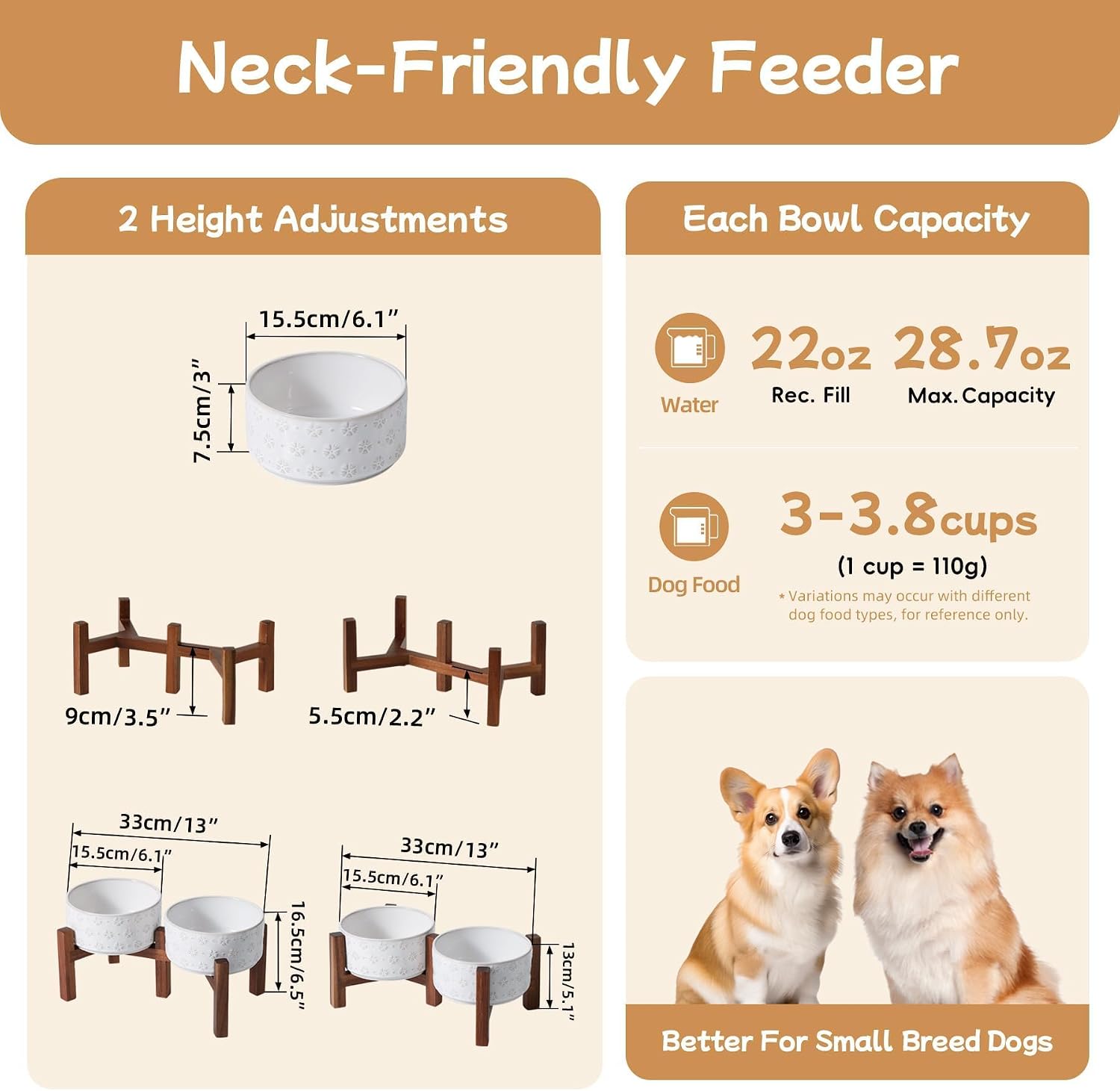 Havniva 6.1" Elevated Dog Bowls Ceramic Raised Dog Bowl with Non-Slip Stand (Acacia Wood) Two Height Options, Dog Food & Water Bowl for Small & Medium Breed Dogs - 3.4 Cups 27 oz - Image 2