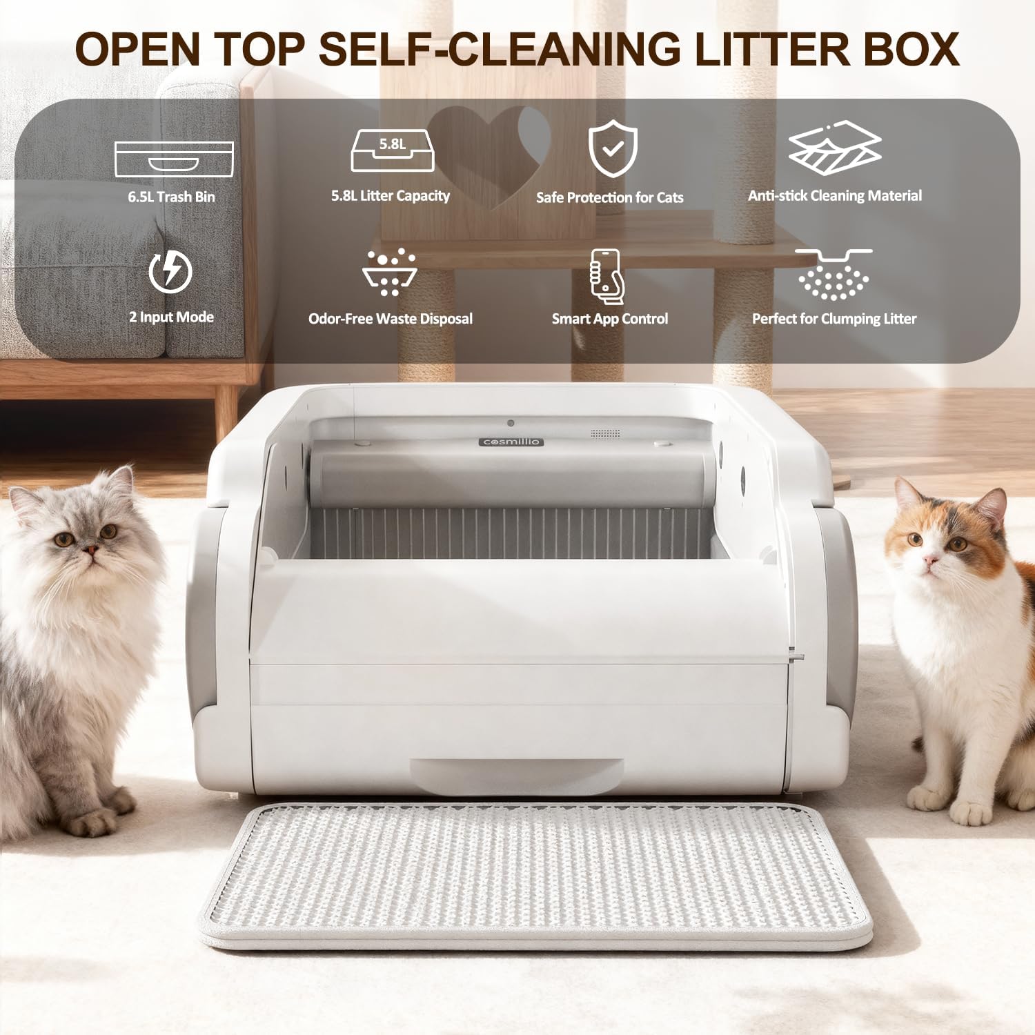 Open Top Automatic Litter Box Self Cleaning Cat Litter Box for Multiple Cats Electric Litter Box with Smart APP Control, White - Image 7