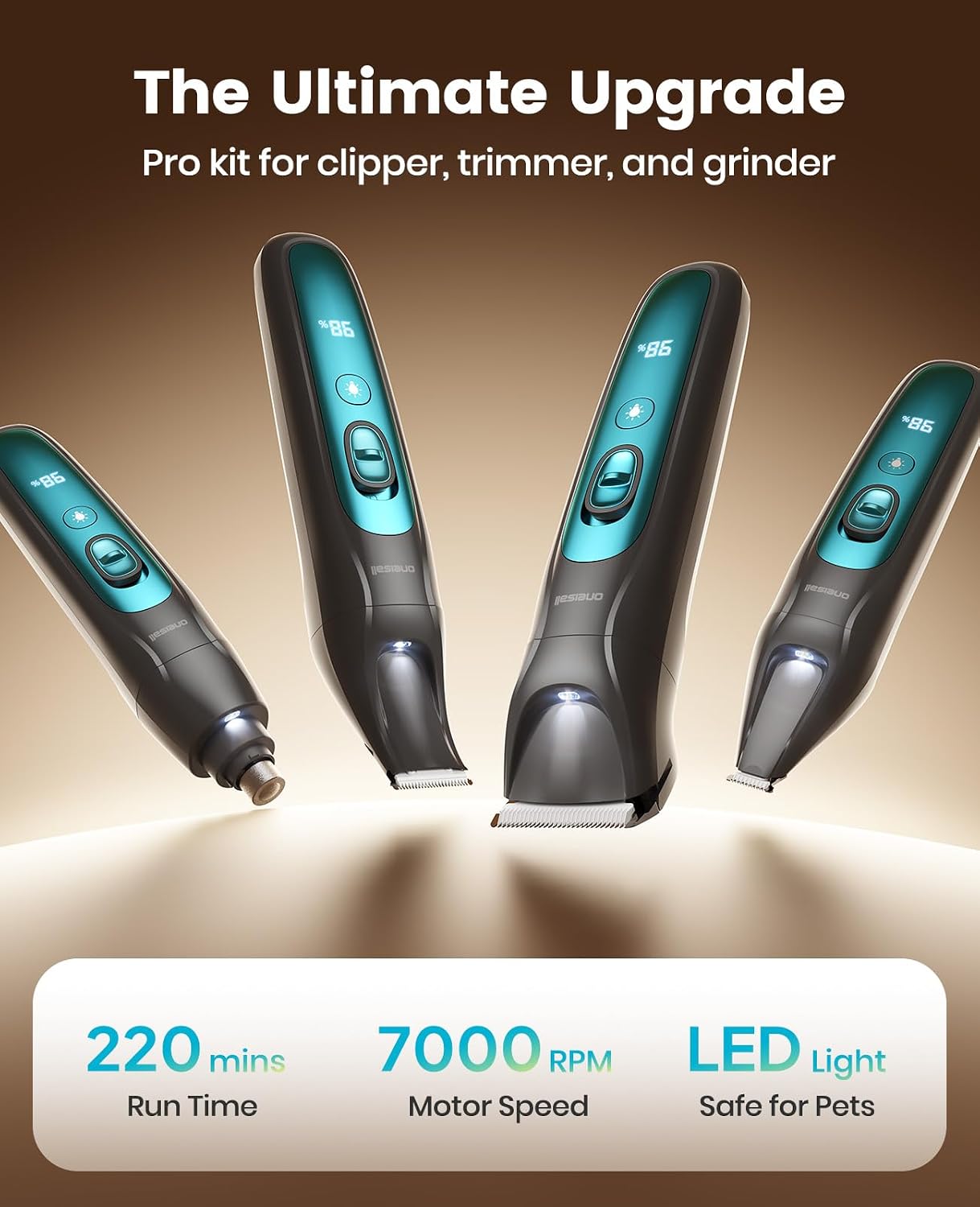 oneisall Professional 4-in-1 Dog Grooming Kit with LED Light | Quiet Clippers & Nail Grinder, Cordless, 3.7 hrs Runtime, LED Display, Safe for Paws, Face, Ears & Body - Image 7