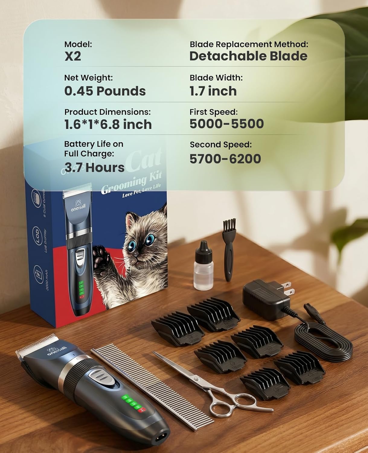 oneisall Quiet Cat Clippers for Matted & Long Hair 2-Speed Cat Grooming Kit | 240mins Long Battery Life, Adjustable Blade Length, 6 Guide Guards with Scissors and Steel Comb, for Cats Small Dogs Animals - Image 9