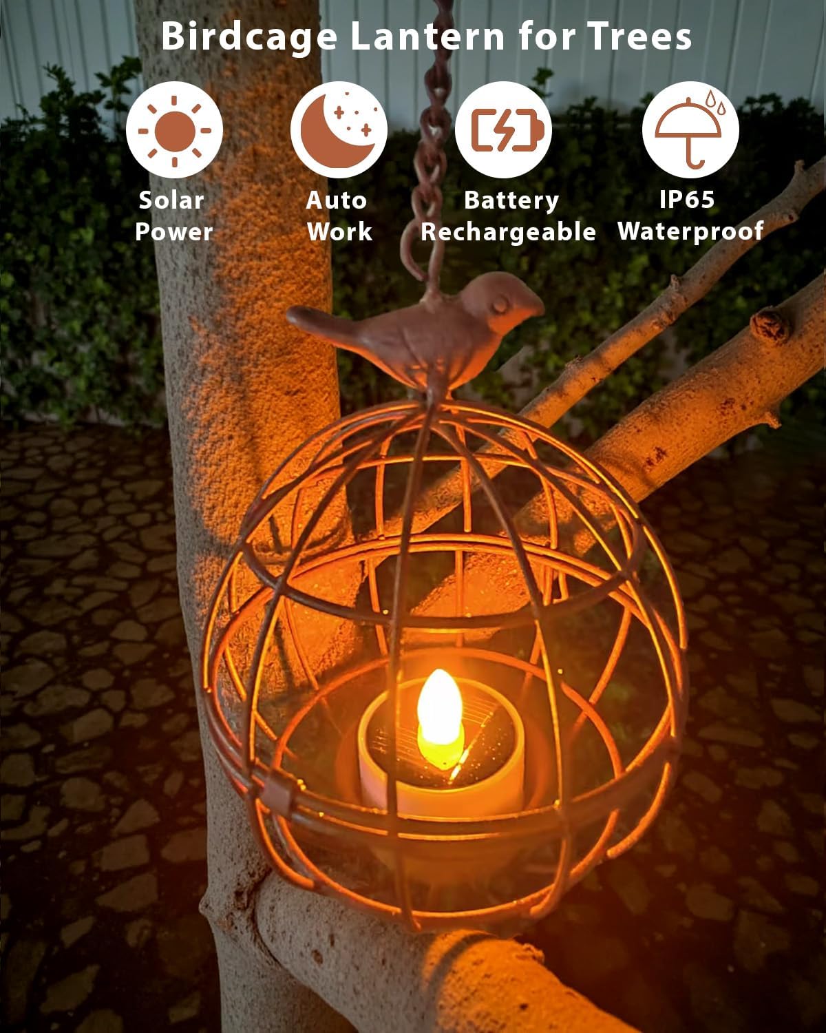 Outdoor Solar Hanging Lantern Lights, 4 Pack Rustic Ball Birdcage Hanging Candle Holder with Solar Tea Lights, Outdoor Waterproof Decorations for Patio, Backyard, Pergola, Tree Decor (Dark Orange) - Image 2