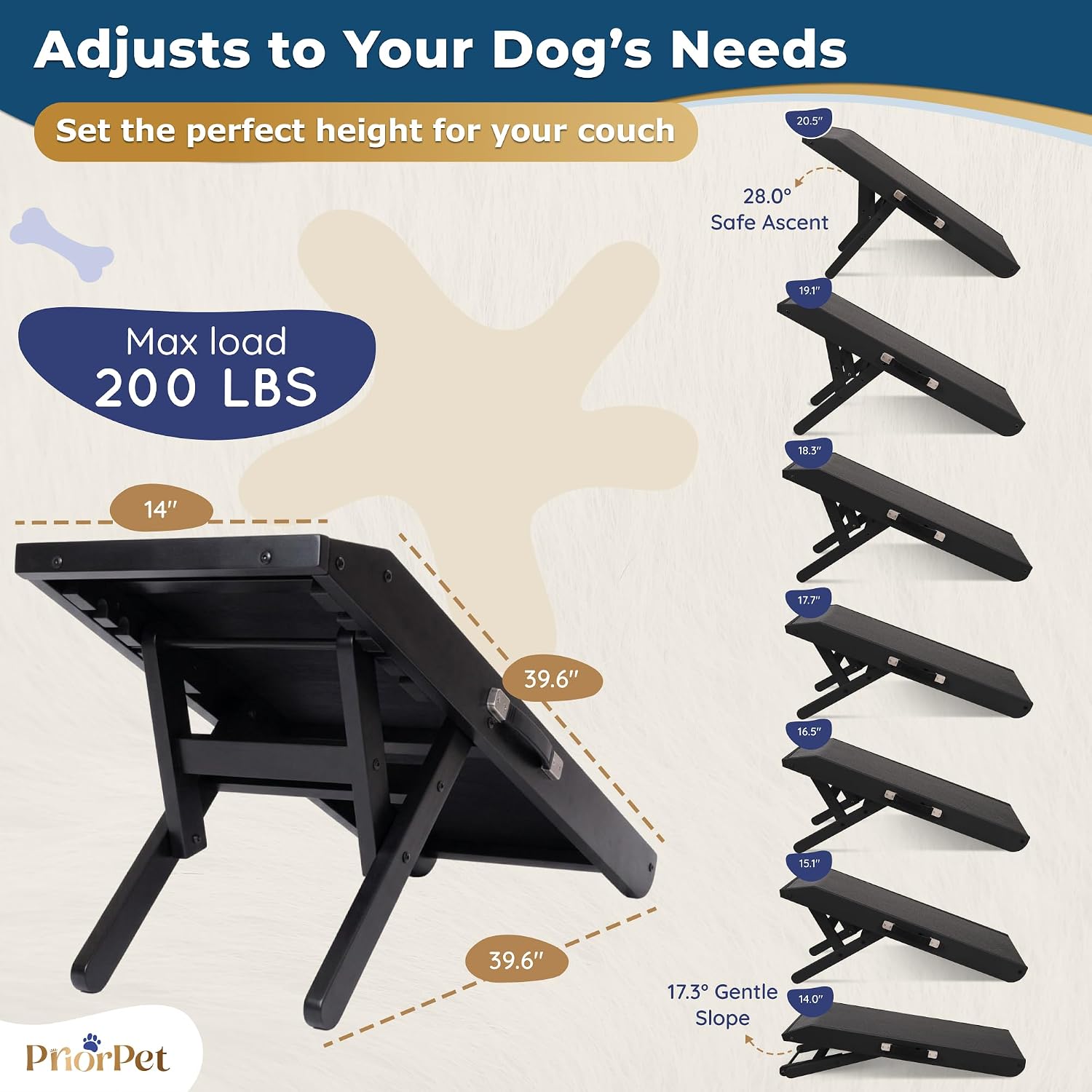 Dog Ramp for Couch – Non-Slip, Sturdy Build Foldable Wooden Dog Ramp – Supports up to 200 lbs – 7 Adjustable Heights (14" – 20.5") – Enhanced Stability – Birchwood Pet Ramp for Small Dogs – Black - Image 5