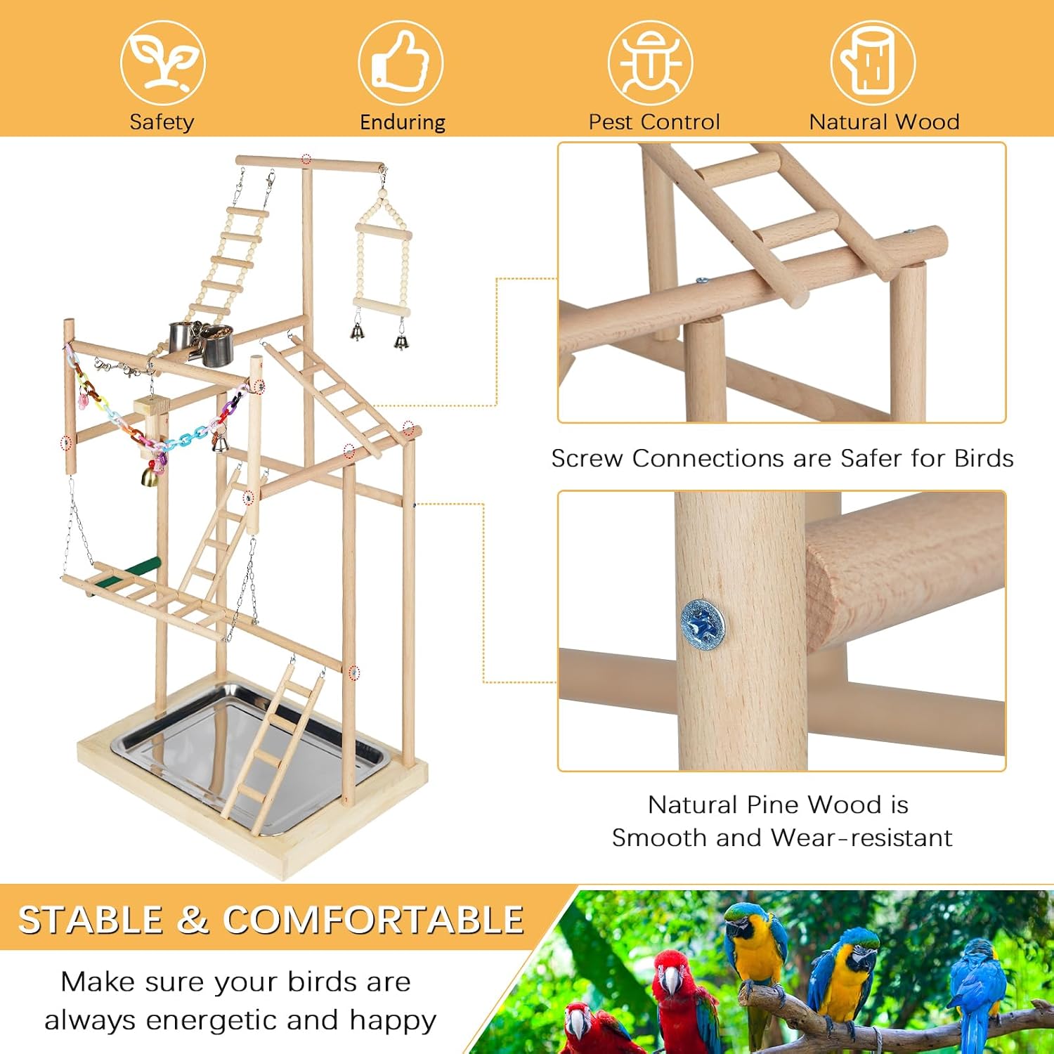 4 Layers Wood Pet Parrot Playstand | Bird Playground, Perch Gym Playpen, Ladder with Feeder Cups Bells, For Cockatiel Parakeet - Image 3