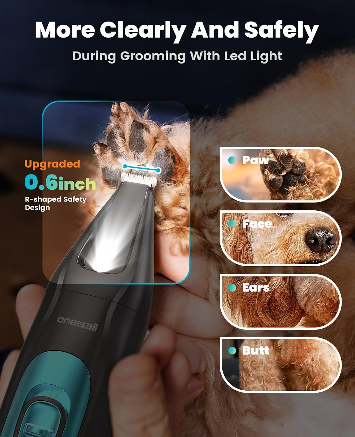 oneisall Professional 4-in-1 Dog Grooming Kit with LED Light | Quiet Clippers & Nail Grinder, Cordless, 3.7 hrs Runtime, LED Display, Safe for Paws, Face, Ears & Body - Image 4