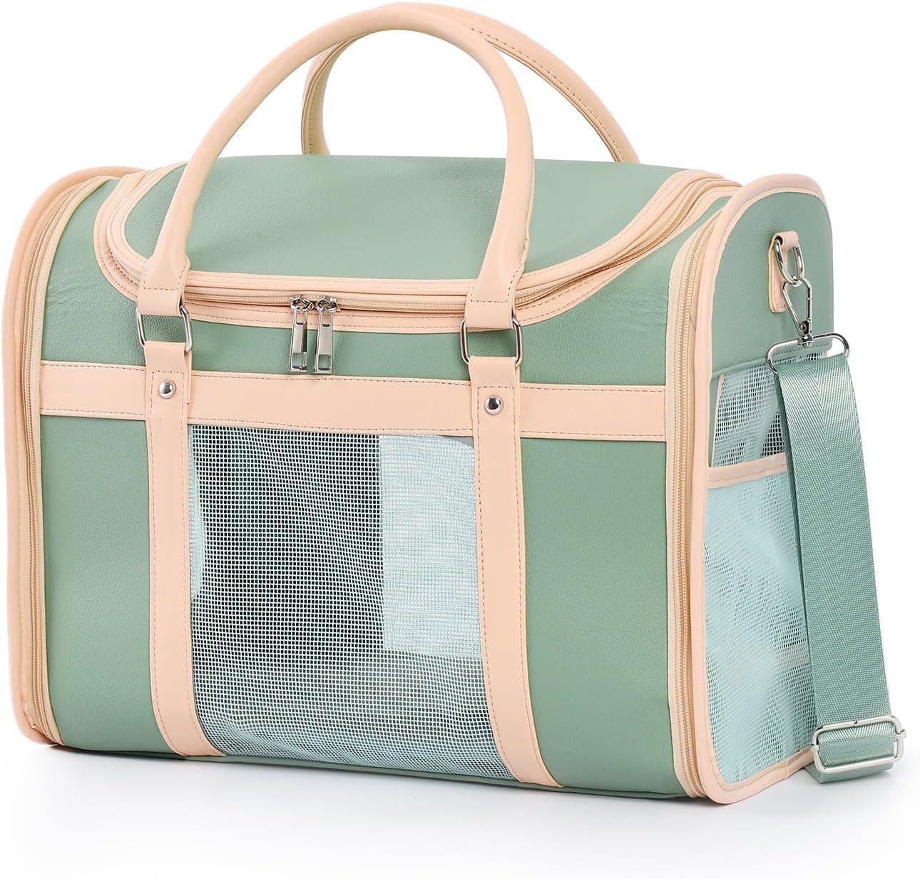 Luxury Mint Green PU Leather Pet Carrier Bag, Airline Compliant Portable Travel Crate with Breathable Mesh Panels & Shoulder Strap for Cats Small Dogs Travel & Vet Use - Image 2