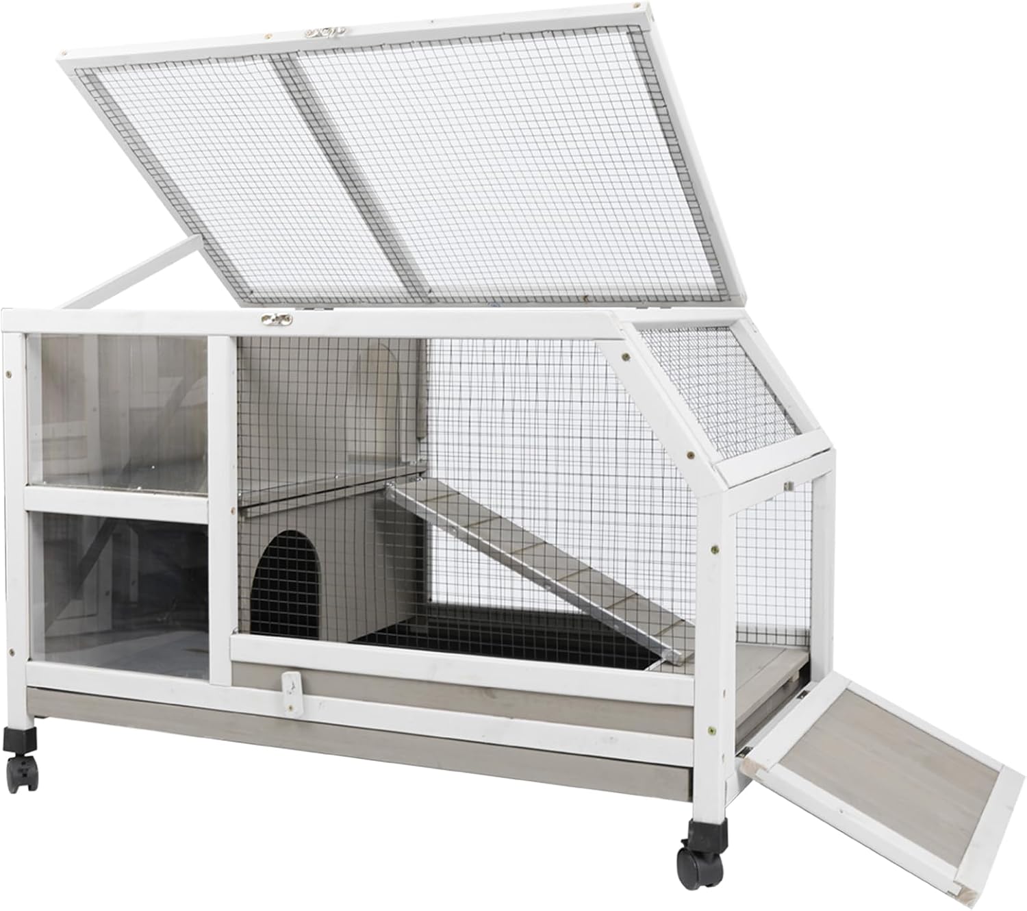 Gowoodhut Indoor Rabbit Hutch - 36''L Outdoor Wooden Bunny Hutch with Wheels Rabbit Cage Guinea Pig Cages Removable Pull Out Tray, Ramp, Hideout, Small Animals Pet House Hamster Ferret for Bunny Cage