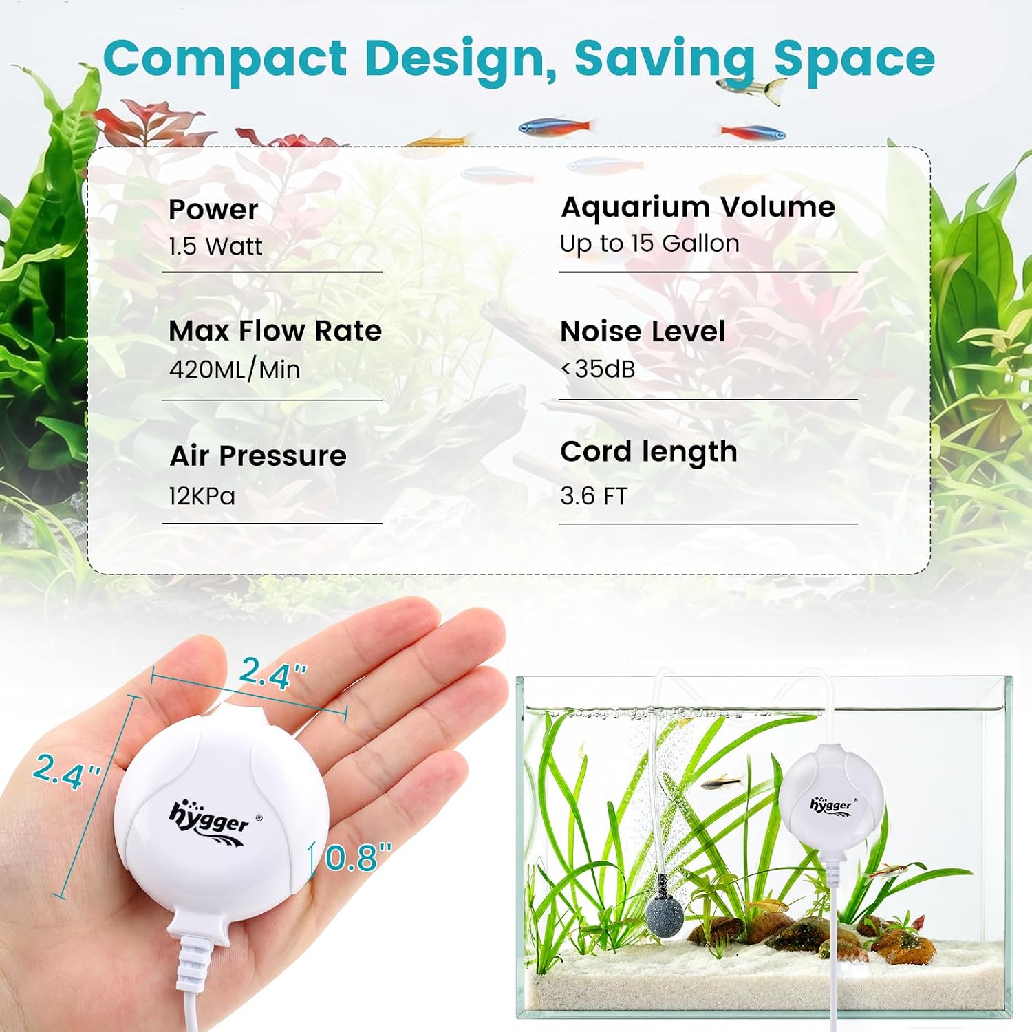 hygger Quiet Aquarium Air Pump 1.5 Watt Energy Saving Mini Oxygen Pump for 1-15 Gallon Fish Tank with Accessories White - Image 4