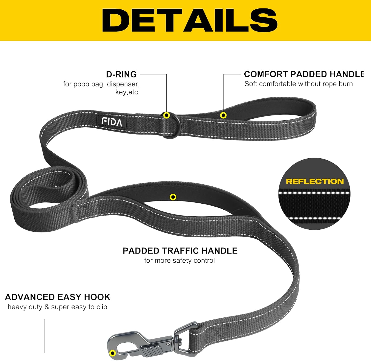 Fida 4 FT Heavy Duty Dog Leash with 2 Comfortable Padded Handles, Traffic Handle & Advanced Easy Snap Hook, Reflective Walking Lead for Large, Medium & Small Breed Dogs (4 FT x 1" Wide, Black) - Image 2
