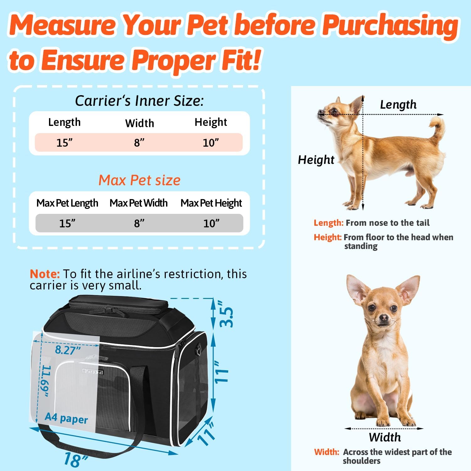 Petskd Top-Expandable Small Pet Carrier with Wheels(18" L x 11" W x 11" H), Delta/American/United Airlines Approved, Rolling Pet Carrier for Small Dogs & Cats (Black) - Image 3
