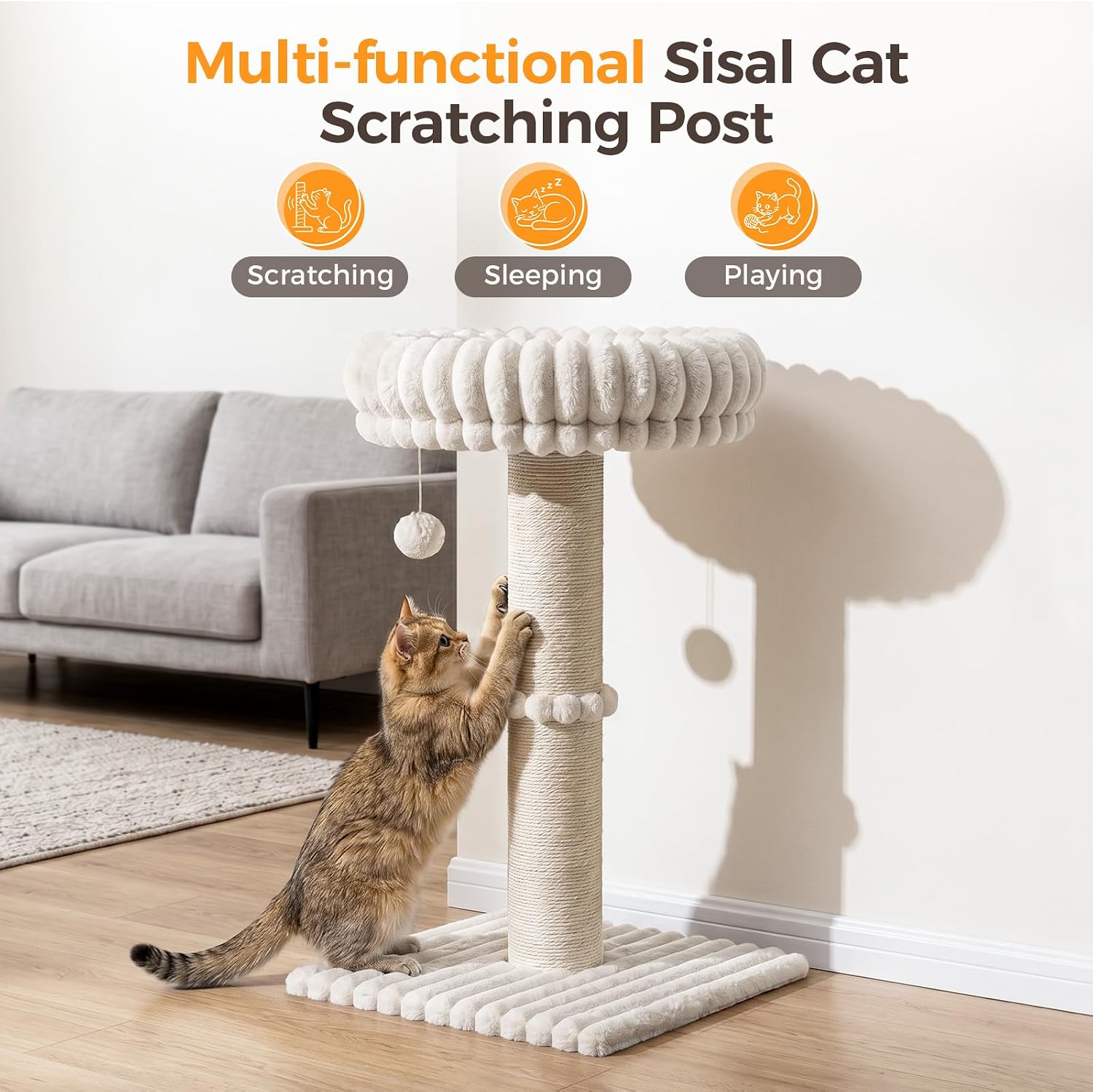 Avont 29" Sisal Cat Scratching Post with Large Plush Perch, Cream | Large Cat Scratcher Tower & Plush Elevated Cat Bed with Removable & Washable Cover, Sturdy Cat Perch for Indoor Cats - Image 2