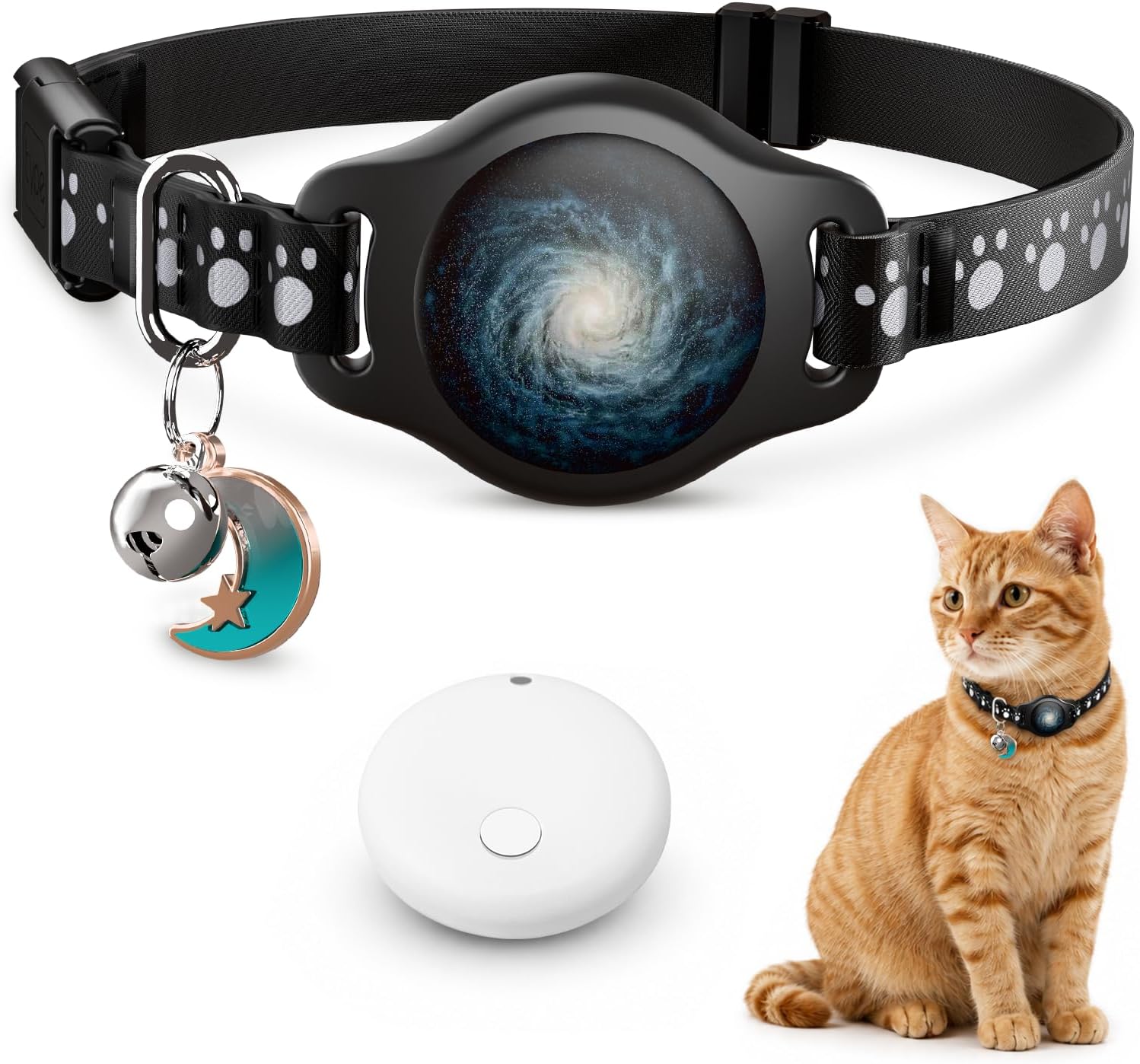 Cat Tracker Collar Waterproof Airtag Cat Collar with Finder Tag (iOS ONLY Not for Android Devices), Compatible with Apple Find My, Breakaway Tractive with Reflective Pattern & Bell, Black, 8-12"