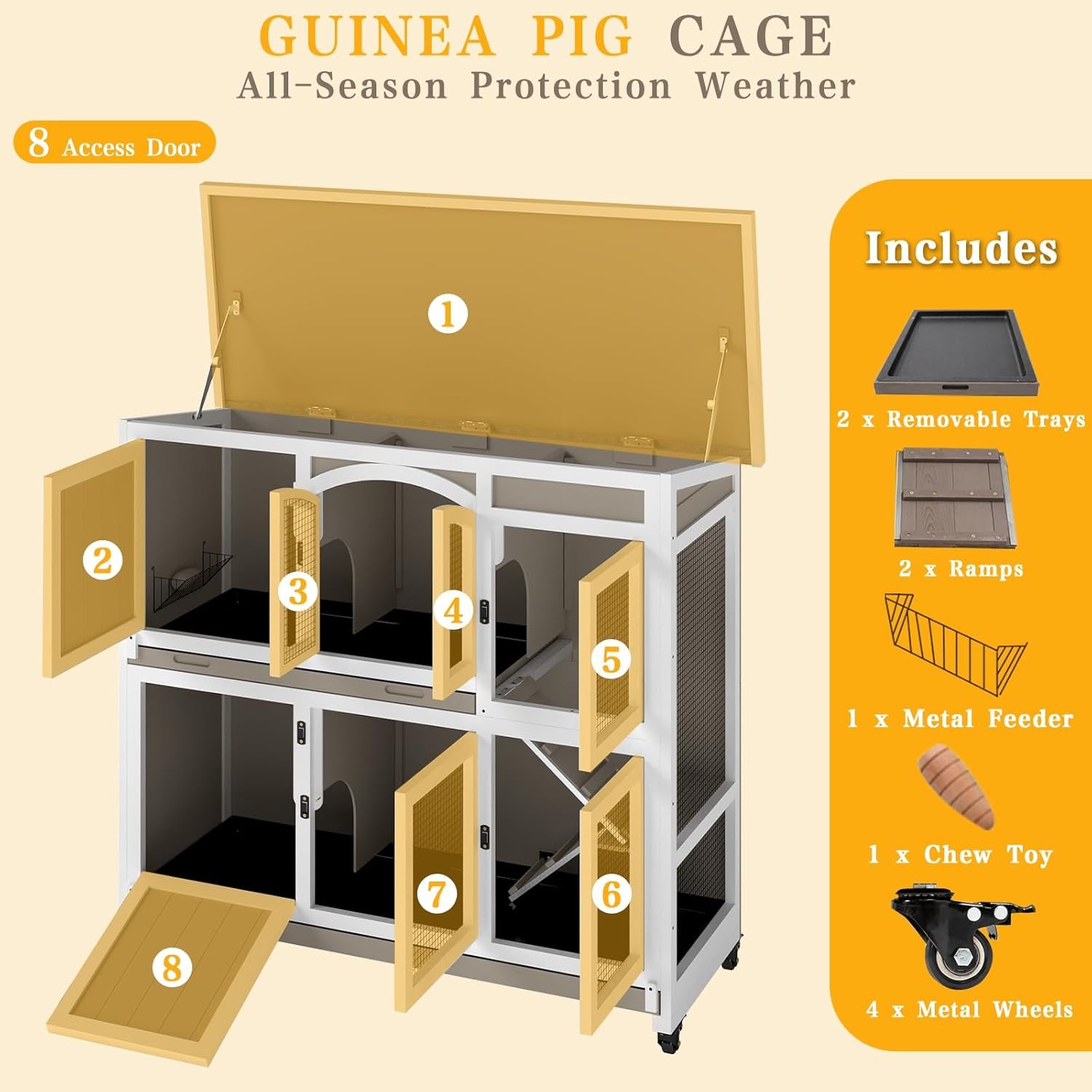 Gowoodhut 47" L Large Guinea Pig Cage Indoor with Wheels, 2-Story Wooden Hutch with 2 Deep Pull-Out Trays, Anti-Chew Ramps & Hideout for Hamsters, Ferrets & Rabbits, Grey, Easy-Clean Small Pet Home - Image 3