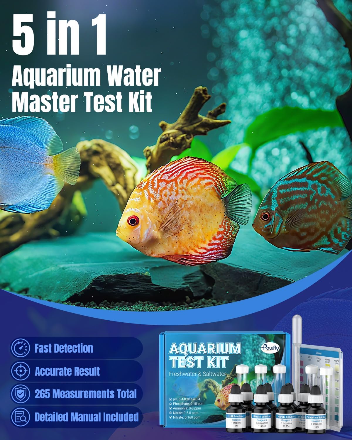 Pawfly 5 in 1 Aquarium Water Master Test Kit, Aquarium Water Test Kit Fish Tank Water Testing Kit for pH Nitrite Nitrate Ammonia & Phosphate, Aquarium Test Kit for Freshwater & Saltwater Fish Tanks - Image 2
