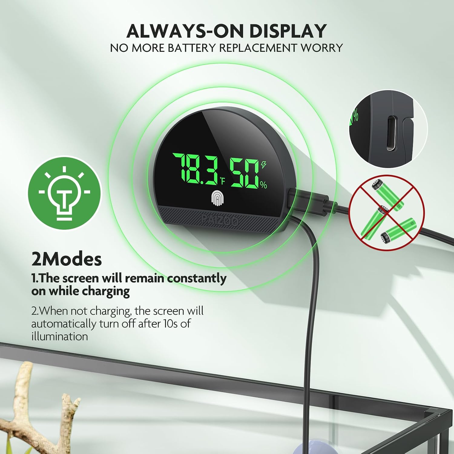 PAIZOO LED Rechargeable Reptile Thermometer Hygrometer, Always-on Display | Temperature Accuracy ±0.1℉, Long Battery Life, Switch Between ℉/℃, Reptile Tank Thermometer with 59.05" Type-c Charging Cable - Image 3