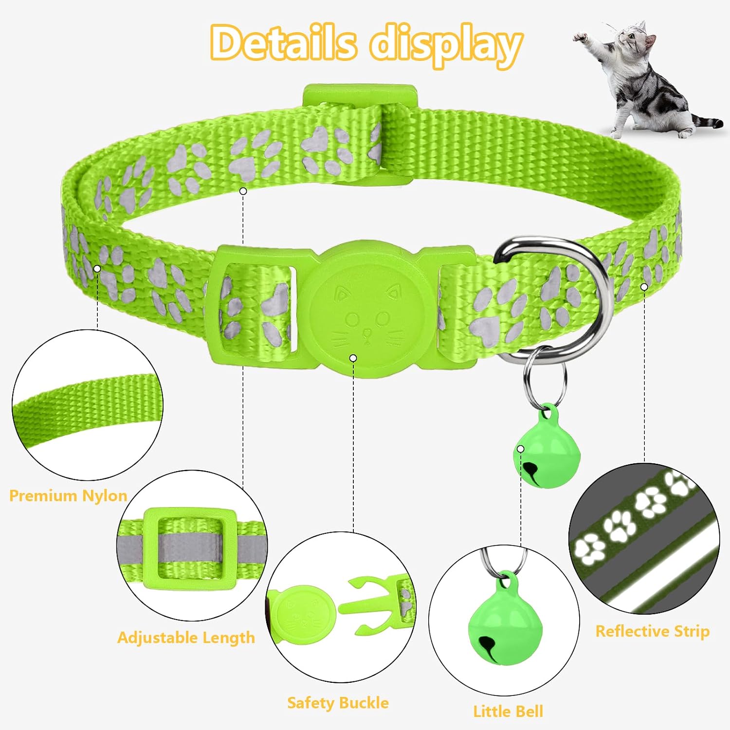 Taglory 2 Pack Reflective Breakaway Cat Collar with Bell, Green | Adjustable 7.5-12.5 in, Lightweight Nylon, Safety Quick-Release Buckle, Boy Girl Kittens, Night Visibility - Image 5