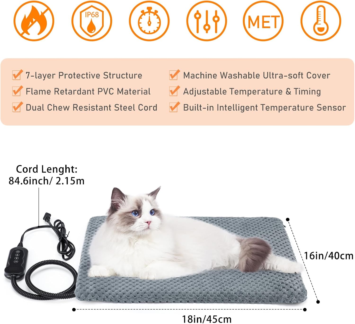 INVENHO Heated Cat Bed, Waterproof Adjustable Temperature Dog Cat Heating Pad with Timer, Indoor Pet Heating Pad for Cats Dogs Electric Pads for Dogs Cats, Pet Heated Pad (S: 18" x 16") - Image 5