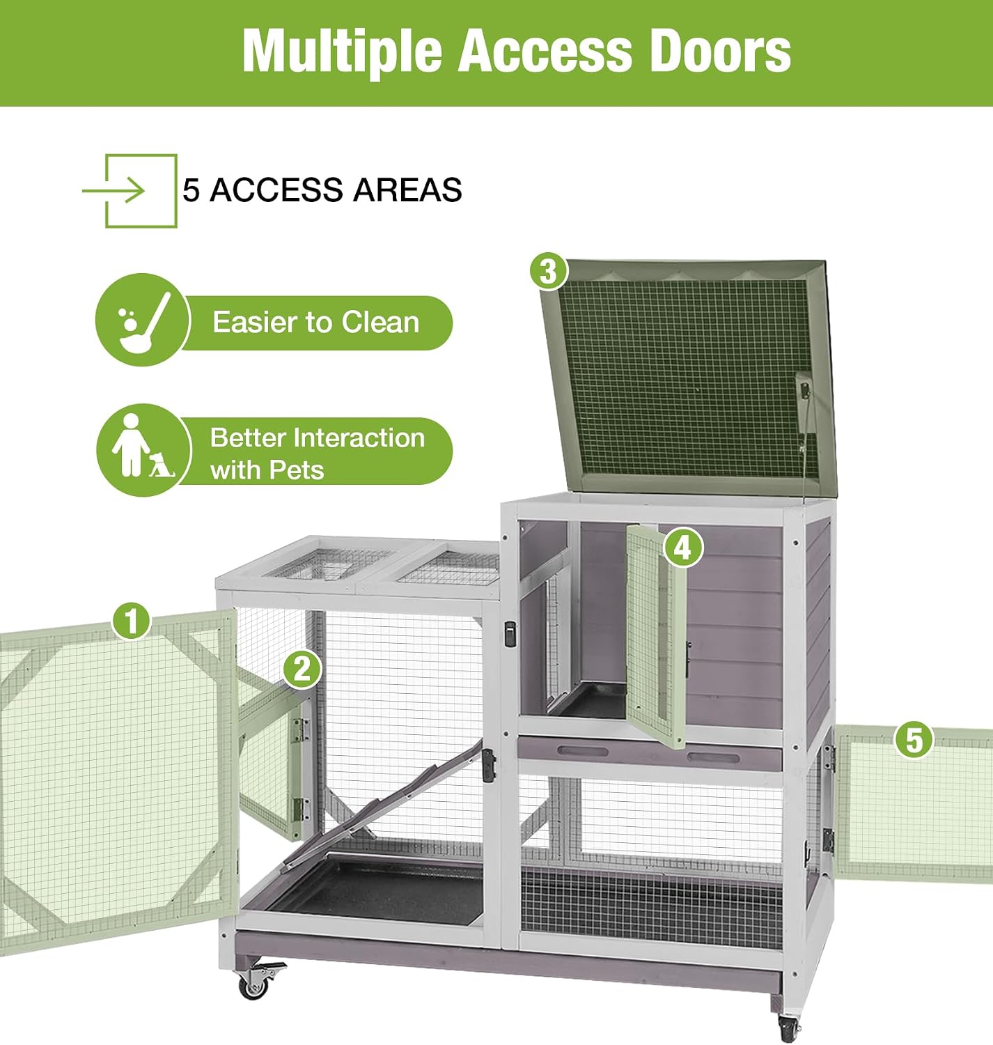 GUTINNEEN Wooden Duplex Rabbit Cage on Wheels with Chew-Proof Ramp, Grey | 4 mobile swivel casters, 2-story design, waterproof rain cover, 5 access doors, 2 sliding trays - Image 6