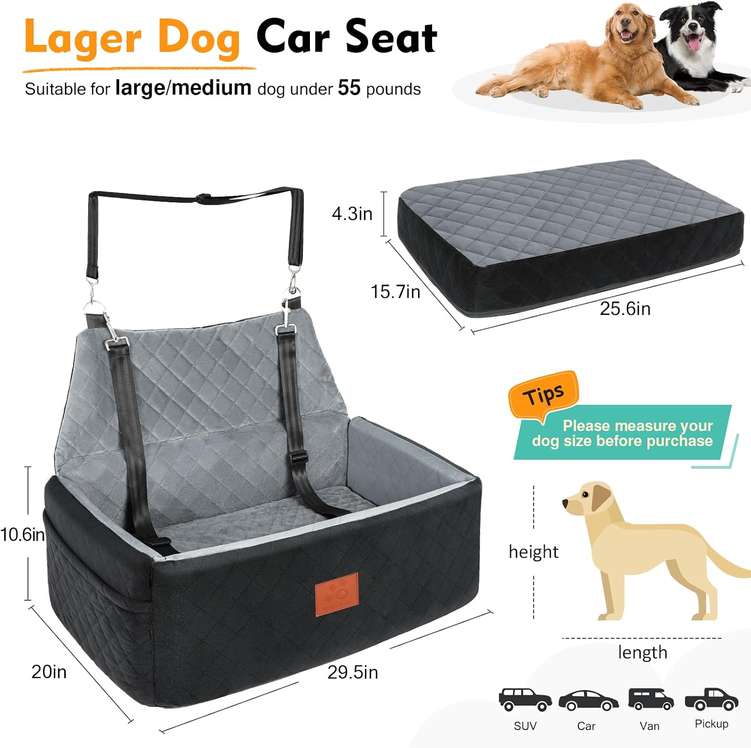Dog Car Seat for Large Medium Dogs,Washable Pet CarSeat Under 55 lbs or 2 Small Dogs,Dog Booster Seat Travel Bed with Thick Cushion,2 Safety Leashes - Image 2