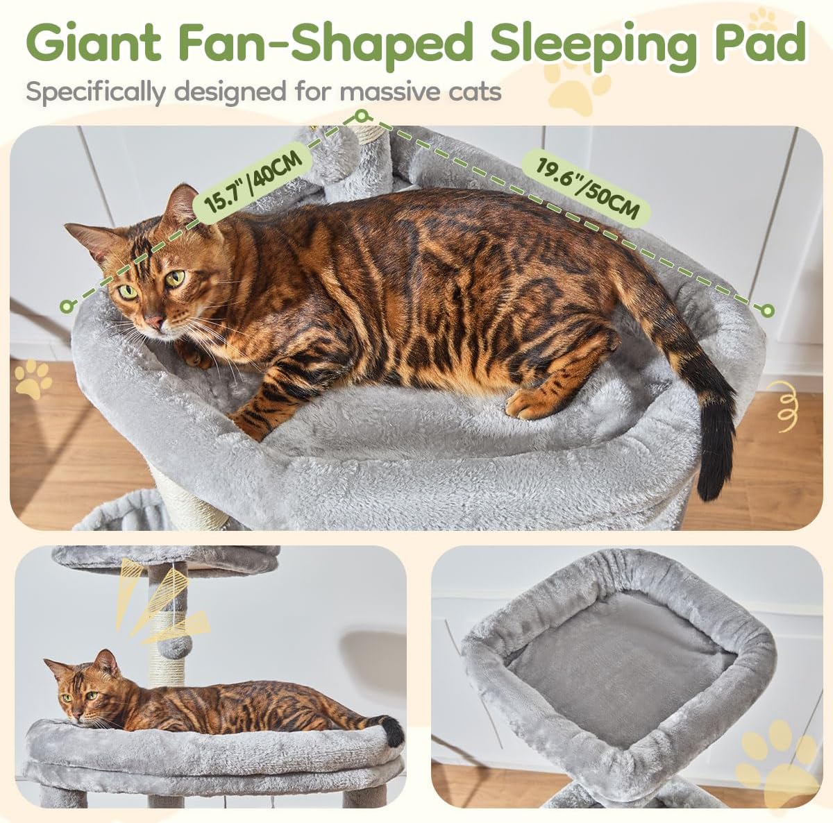 Taoqimiao 72 Inches Cat Tree for Large Cats, Multi-Level Tall Cat Tower, Widened Cat Condo with Large Scratch Board, 5 Scratching Posts, Metal Hammcock, Cozy Basket, Light Gray, MS045W - Image 3