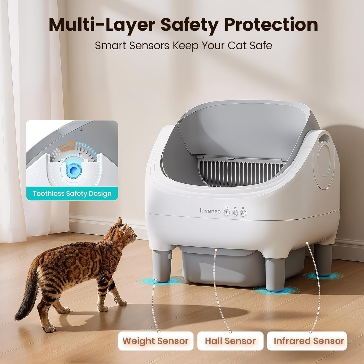Invengo Automatic Cat Litter Box Self Cleaning, App Control, Open-Top Automatic Litter Box with Safety Sensors, Ultra-Quiet, 10.5L Waste Bin with Odor Control, 2 Rolls of Garbage Bags, LightGrey - Image 6