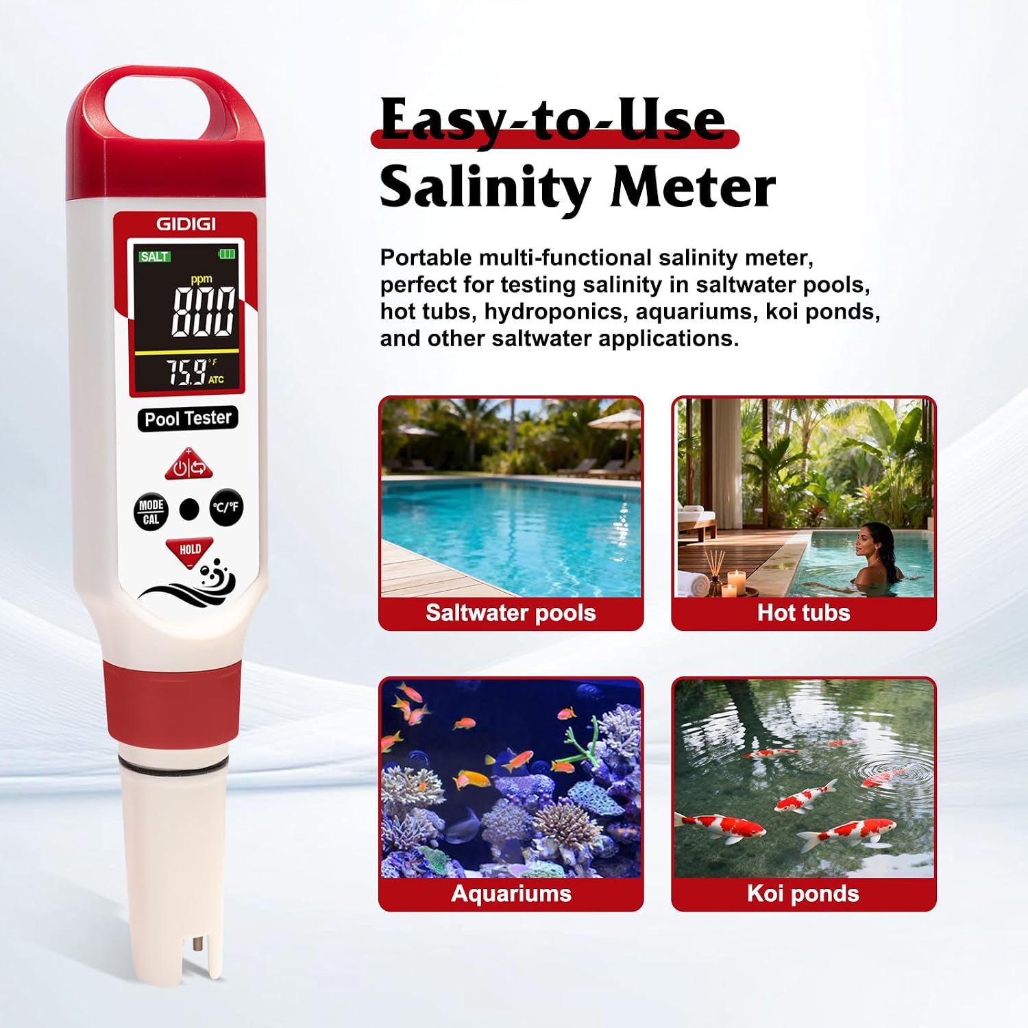 Digital Chlorine Tester for Pool, pH Test kit & Salinity ORP Meter | 7 in 1 Water Quality Tester, for Swimming Pool Hot Tub Aquarium, with AAA battery & pH calibration kit, Digital Color Screen - Image 6