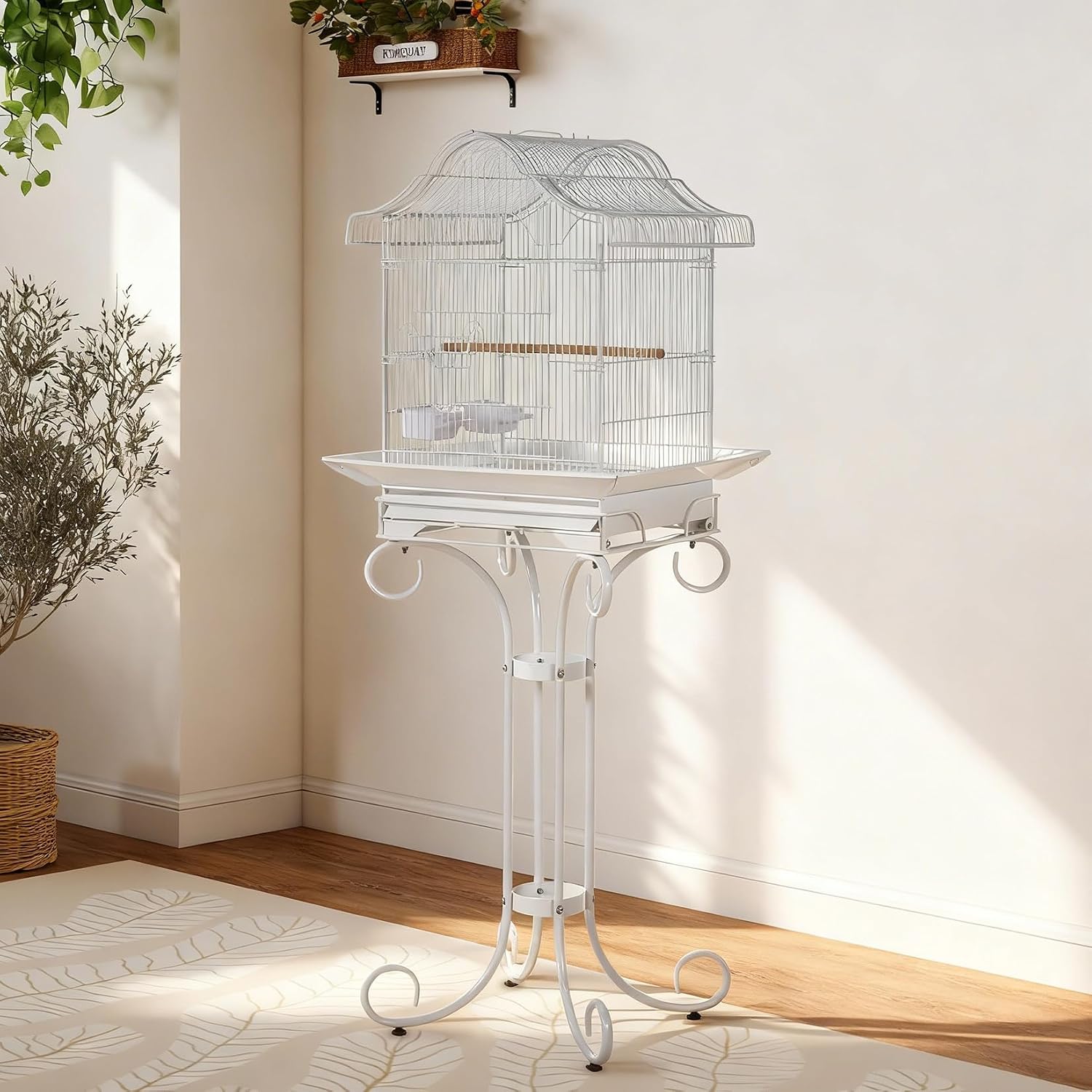 Decorative Metal Bird Cage with Stand, 57” Tall Spacious Aviary for Parrots, Canaries, Budgies, Removable Tray, 4 Bowls & Perches, Split Design with Portable Handle Keywords: - Image 2