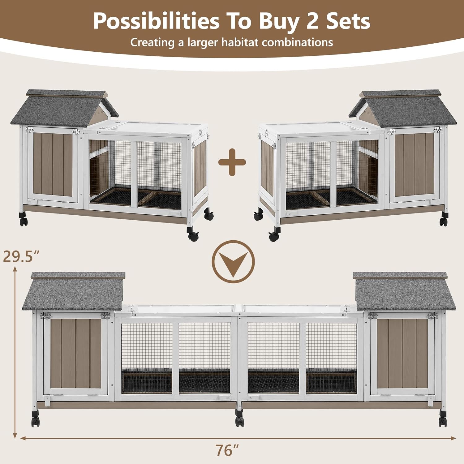38''L Rabbit Hutch Outdoor with Wheels, Wooden Expandable 2 Story Bunny House Rabbit Cage Indoor with Run, Pull Out Tray, Waterproof Roof, Guinea Pig Cage Chicken Coop for Small to Medium Pets - Image 4