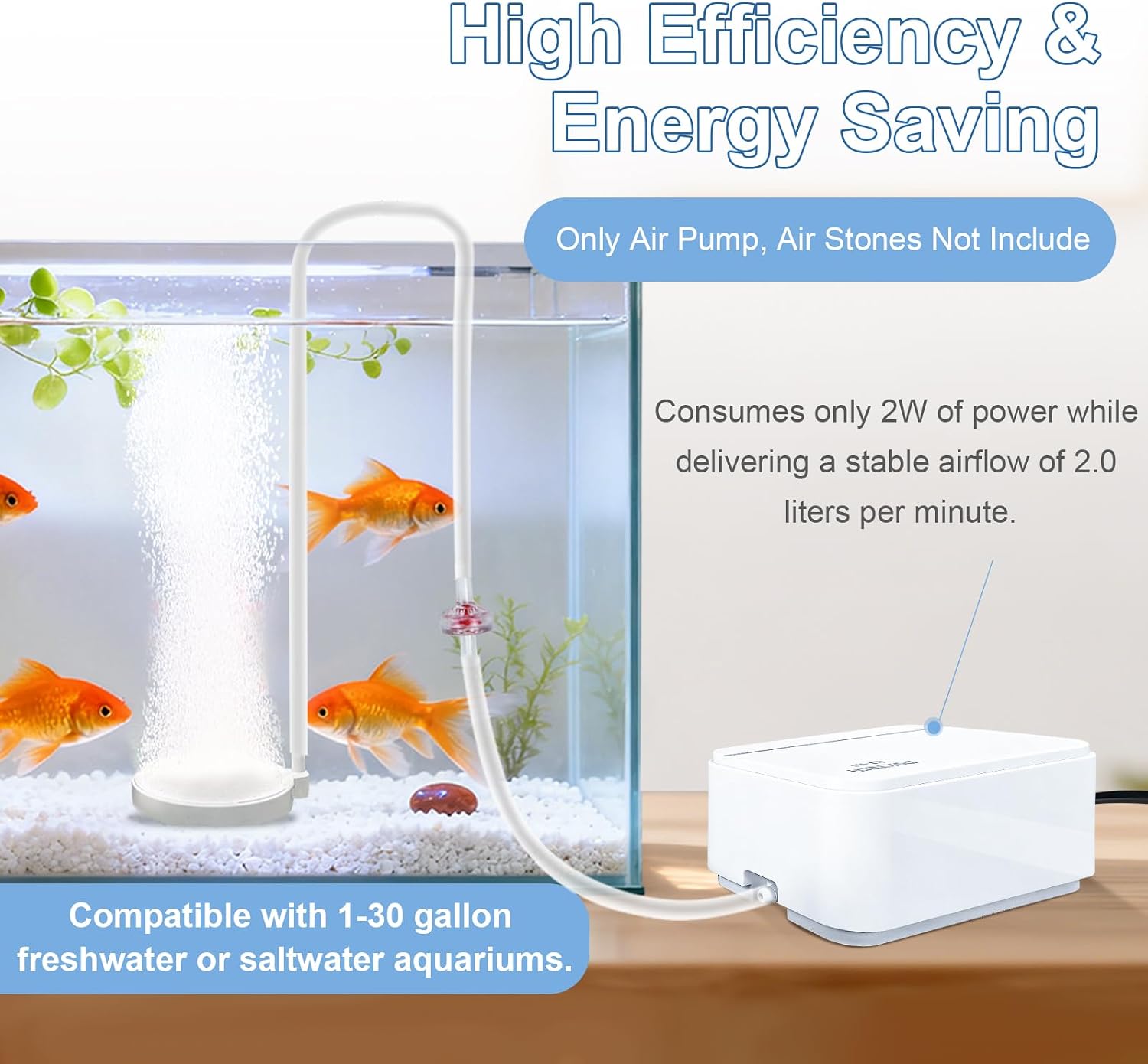 Ultra Quiet Aquarium Air Pump 2W Oxygen Pump | Energy-saving for 1-30 gallon freshwater & saltwater tanks, Ultra-quiet operation,ideal for home aquariums - Image 3